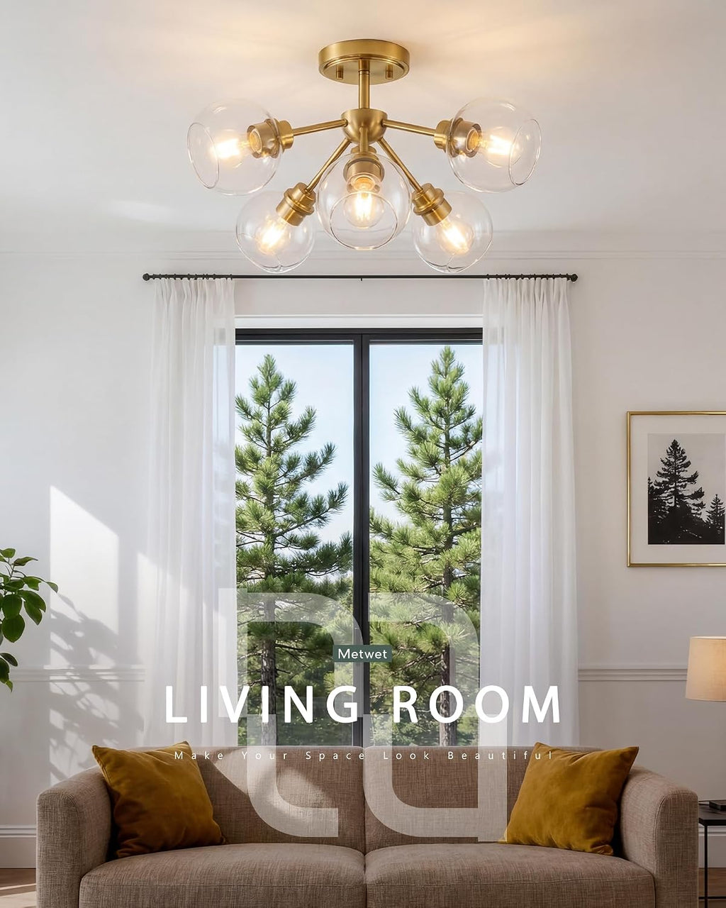 6-Light Semi Flush Mount Ceiling Light, 22' Modern Light Fixtures Ceiling Mount with Globe Clear Glass Shade, Brushed Gold Light Fixtures for Kitchen Entryway Bedroom, SM195-BG-6