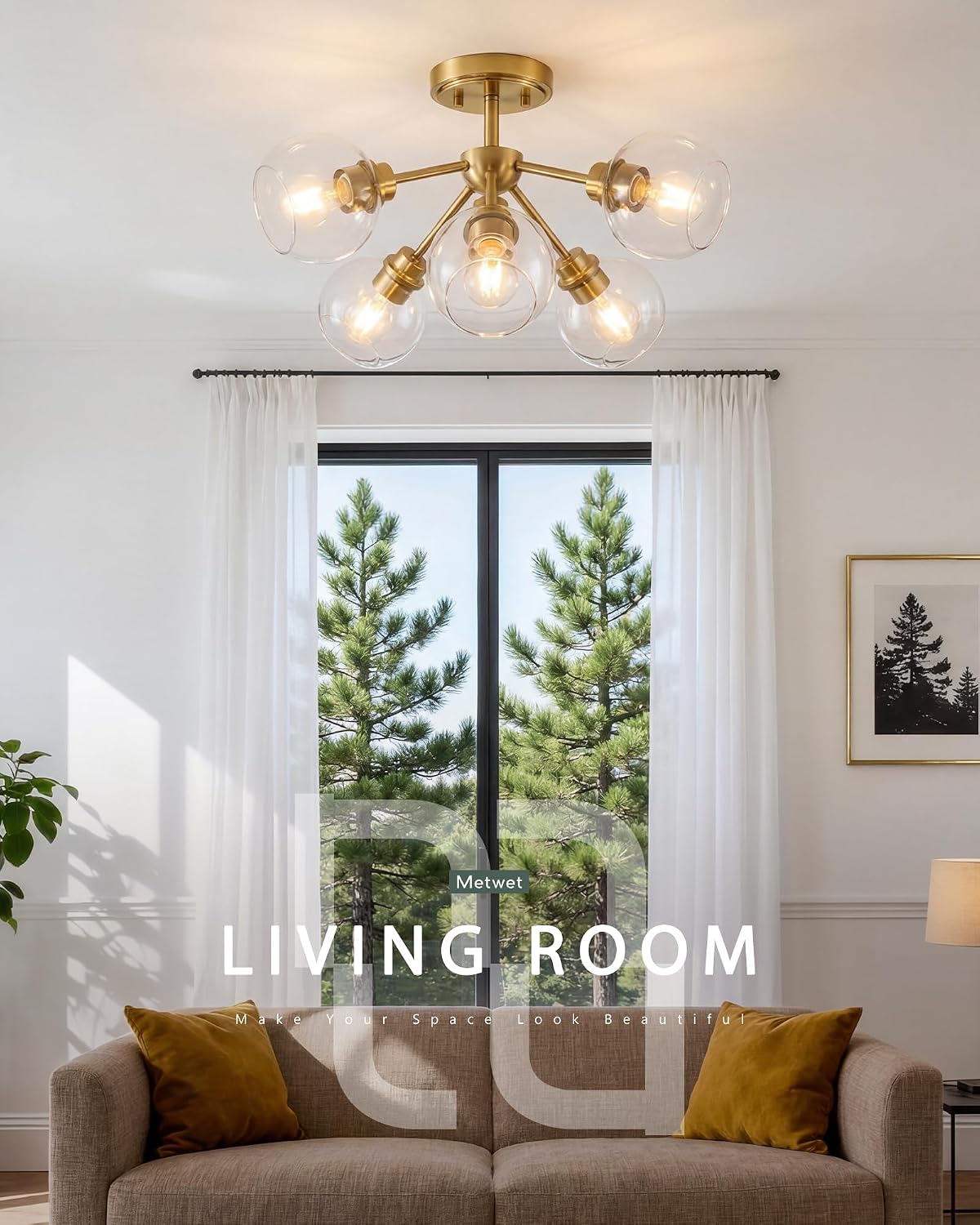 6-Light Semi Flush Mount Ceiling Light, 22' Modern Light Fixtures Ceiling Mount with Globe Clear Glass Shade, Brushed Gold Light Fixtures for Kitchen Entryway Bedroom, SM195-BG-6