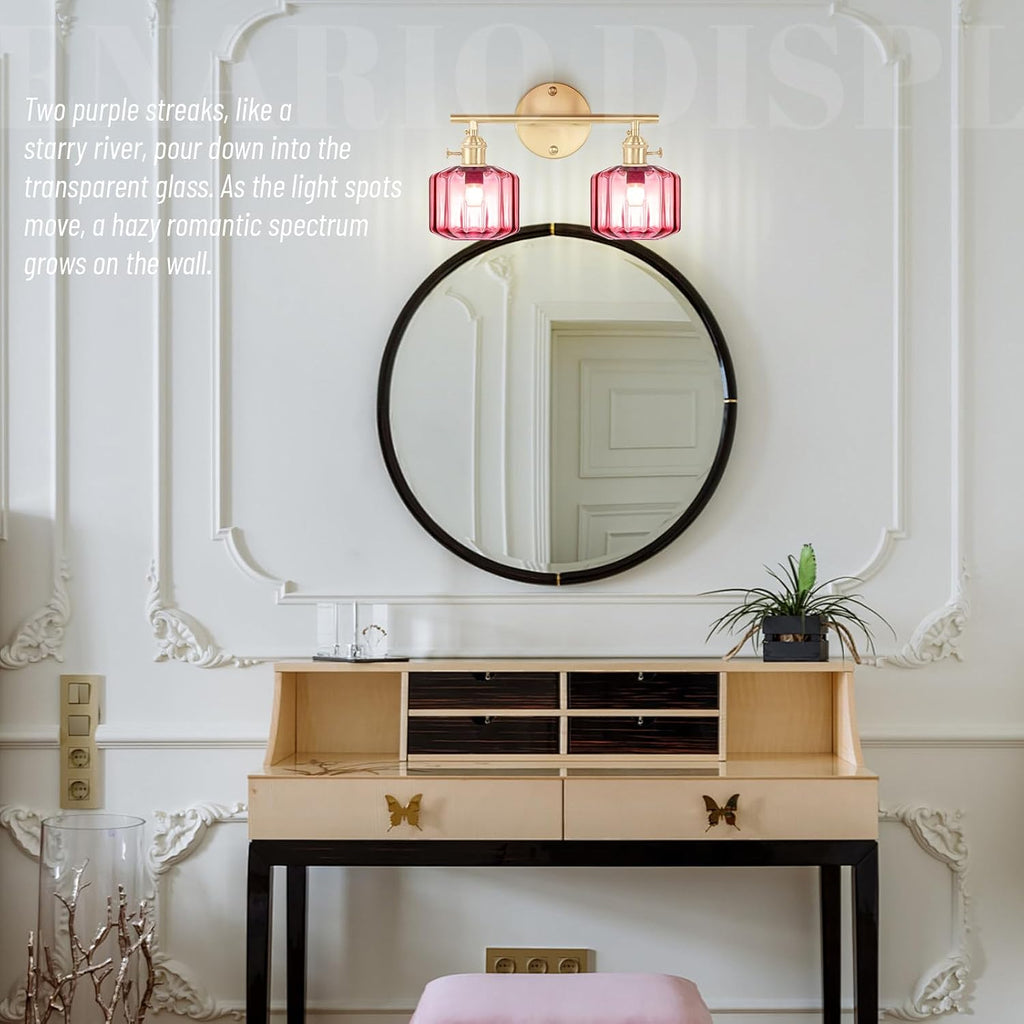 Vintage Wall Light Brass Vanity Light Bathroom Light Fixtures 2-Light Wall Sconce with Purple Globe Glass Shades Vanity Lighting for Stairwell Living Room Bedside Bedroom