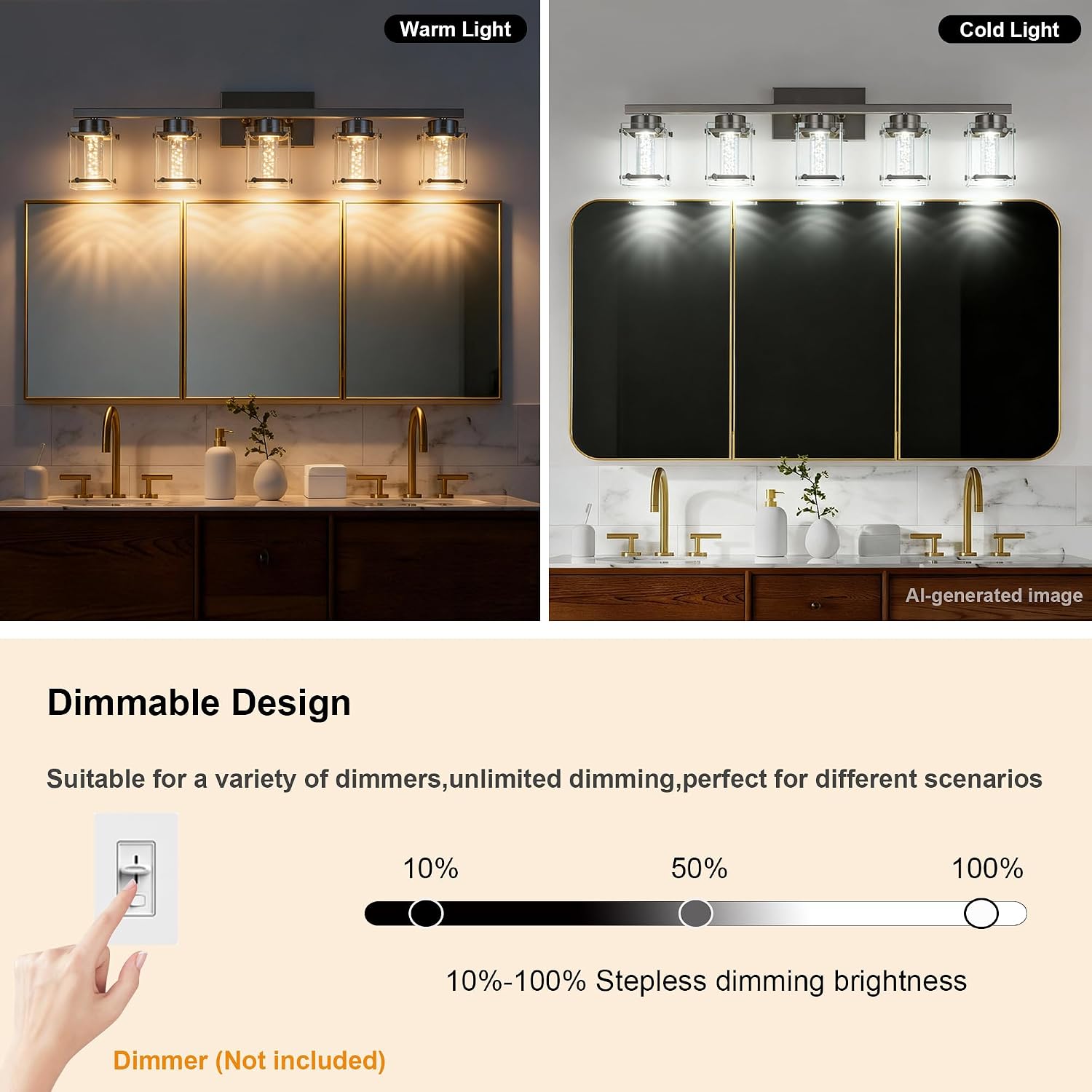 Modern Vanity Light 5-Light Brushed Nickel Finish LED Indoor Lighting Fixture with with Clear Glass Shade and Crystal Bulb Wall Sconces Lights for Bathroom