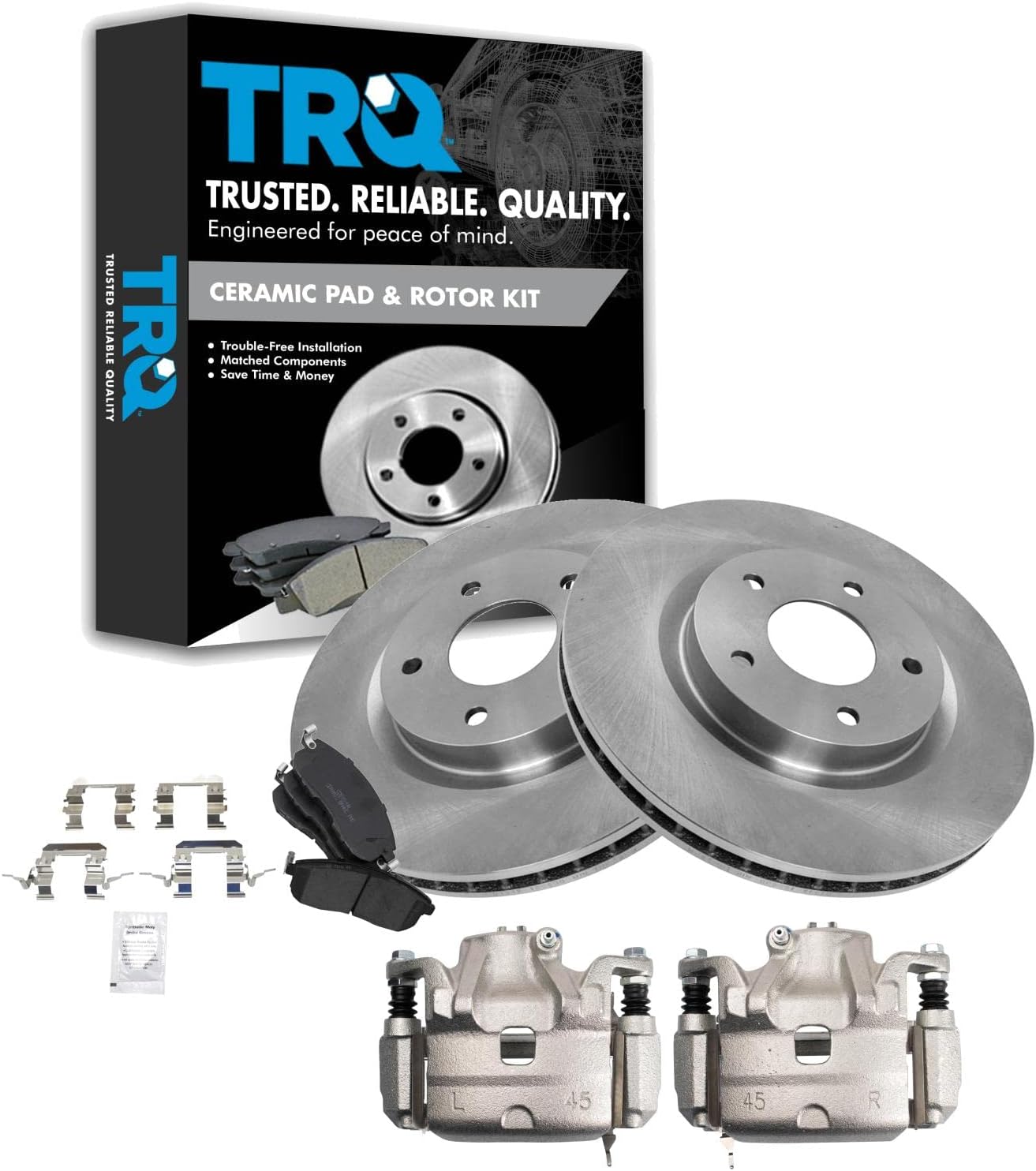 TRQ Front Brake Pad and Rotor Set Ceramic Vented Rotors Calipers Compatible with 2011-2012 Nissan Sentra