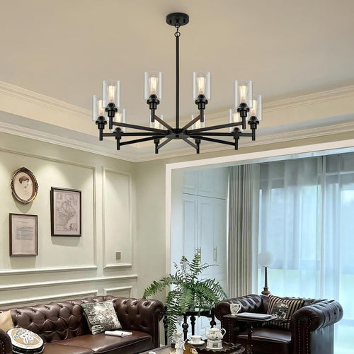 10 Light Large Black Farmhouse Chandelier | Rustic Chandeliers for Dining Room Light Fixture | Industrial Hanging Lighting with Clear Glass Cover for Living Room | Foyer | Staircase | Villa