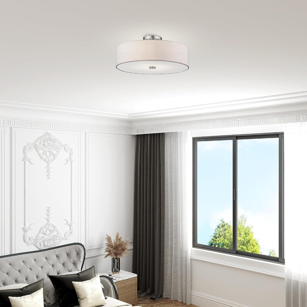 Livex Lighting 52136-91 Meridian Collection 4-Light Semi Flush Mount Ceiling Fixture with Oatmeal Color Fabric Hardback Drum Shade and Satin White Diffuser, Brushed Nickel