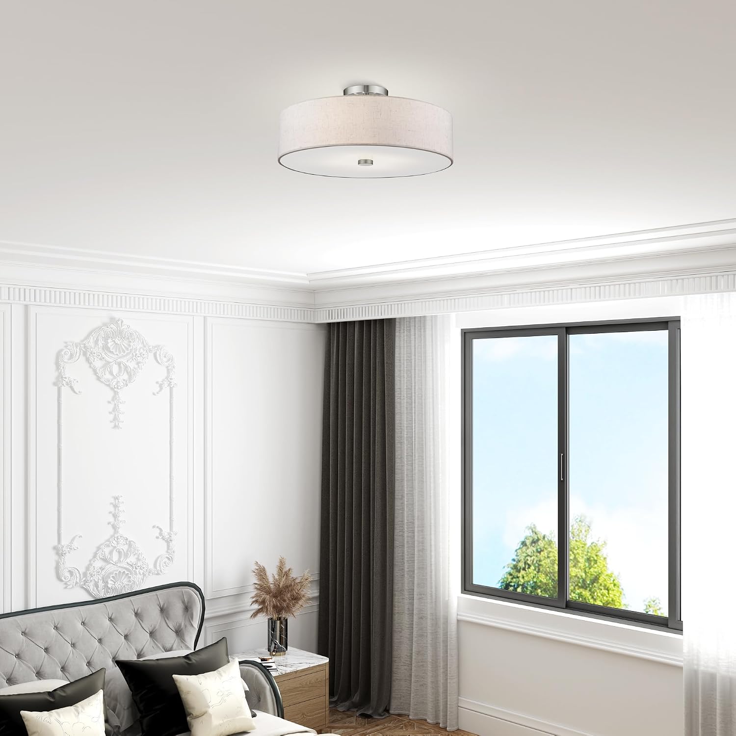 Livex Lighting 52136-91 Meridian Collection 4-Light Semi Flush Mount Ceiling Fixture with Oatmeal Color Fabric Hardback Drum Shade and Satin White Diffuser, Brushed Nickel