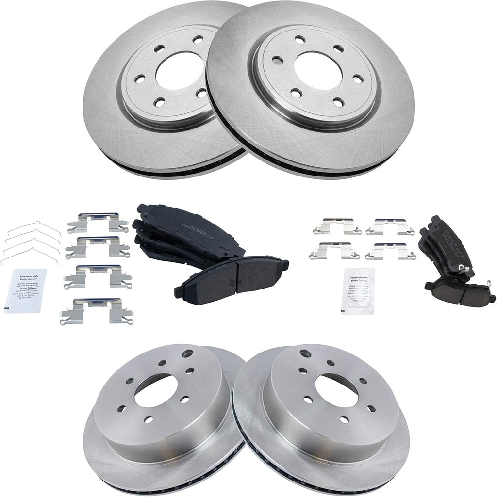 TRQ Front and Rear Ceramic Brake Pad and Rotor Set Compatible with 05-07 Nissan Frontier LE Nismo Off-Road SE 08-15 Frontier V6 4.0L 16-22 05 Xterra 08-15 Xterra 09 Suzuki Equator V6 4.0L
