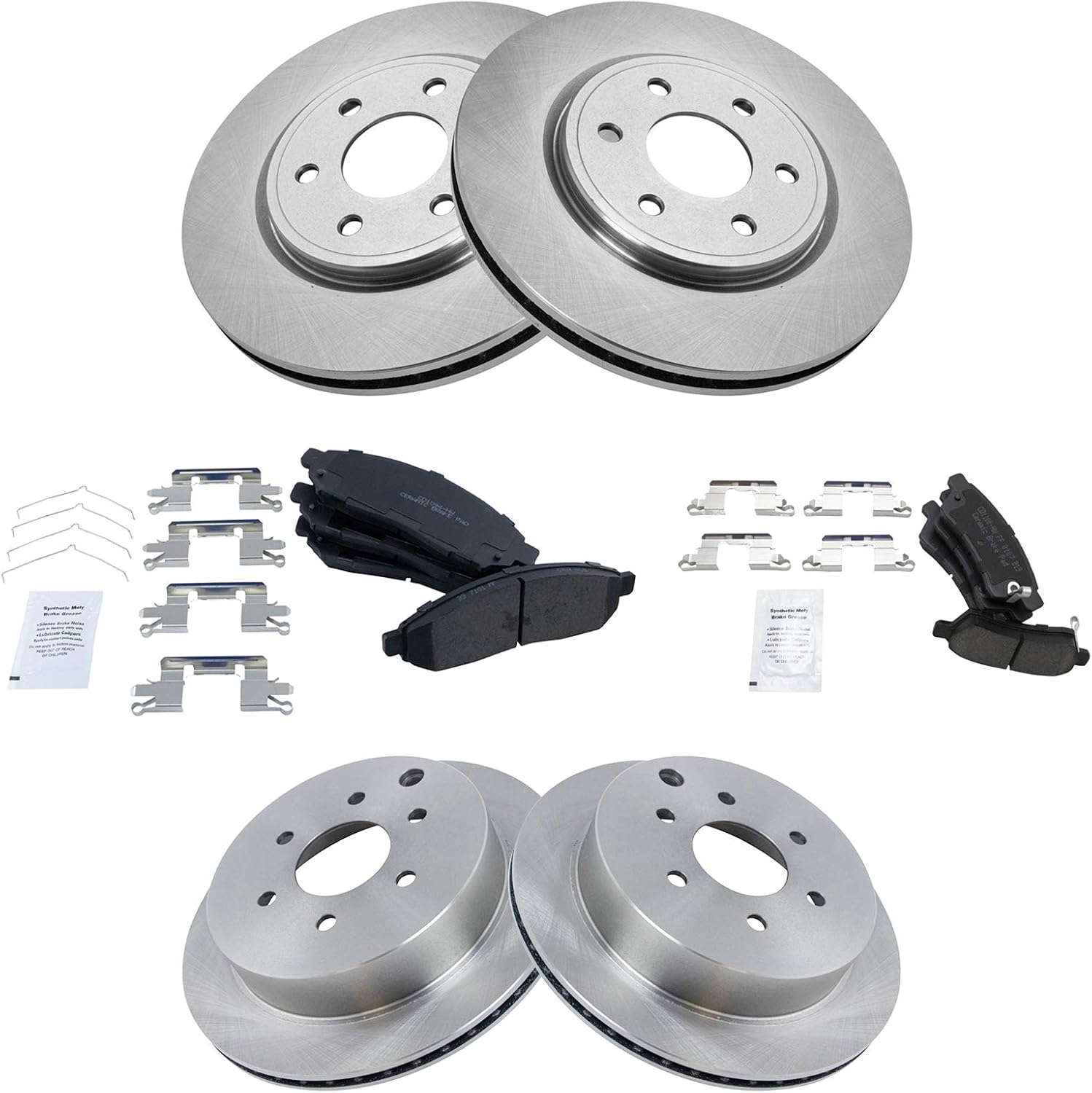 TRQ Front and Rear Ceramic Brake Pad and Rotor Set Compatible with 05-07 Nissan Frontier LE Nismo Off-Road SE 08-15 Frontier V6 4.0L 16-22 05 Xterra 08-15 Xterra 09 Suzuki Equator V6 4.0L