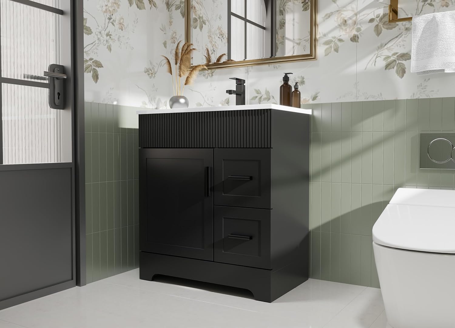 eclife 30' Bathroom Vanities Sink Combo with Painted Surface, Modern Drawered Cabinet W/Decorative Wave Lines, Undermount Single White Sink, Matte Black Faucet Drain, Black
