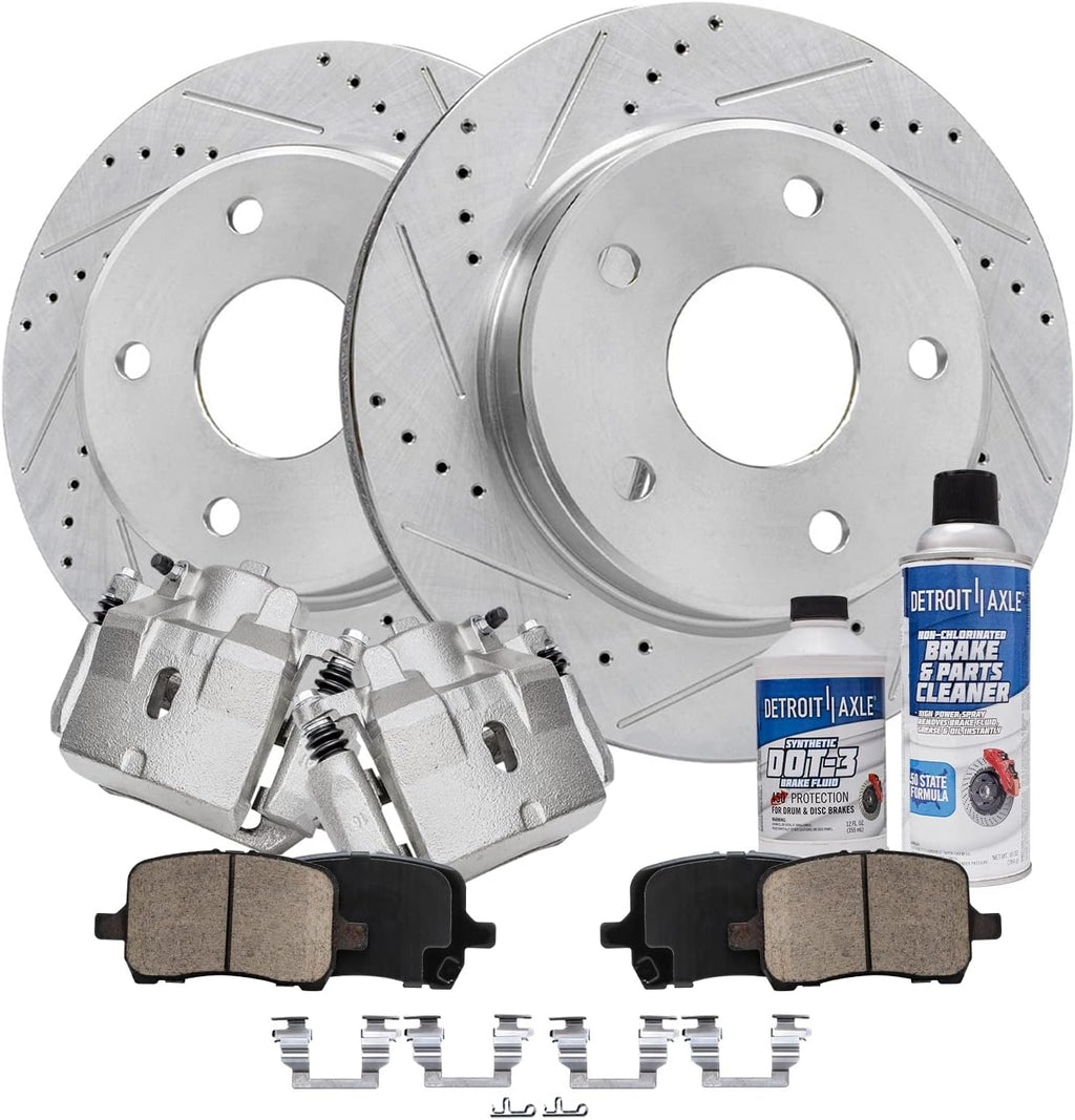 Detroit Axle - Front Brake Kit for 2004-2005 2009-2012 Chevy Malibu 2006-2010 Pontiac G6 2007-2009 Saturn Aura, Drilled Slotted Brake Rotors Brake Calipers Ceramic Brakes Pads: 11.65' inch Rotors