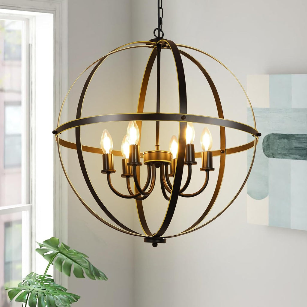 DLLT 6-Light Orb Chandelier, Black and Gold Globe Pendant Lights, Industrial Sphere Pendant Lighting Over Island, Adjustable Hanging Light with Metal Cage for Dining Room Foyer, E12 Bulbs Not Included