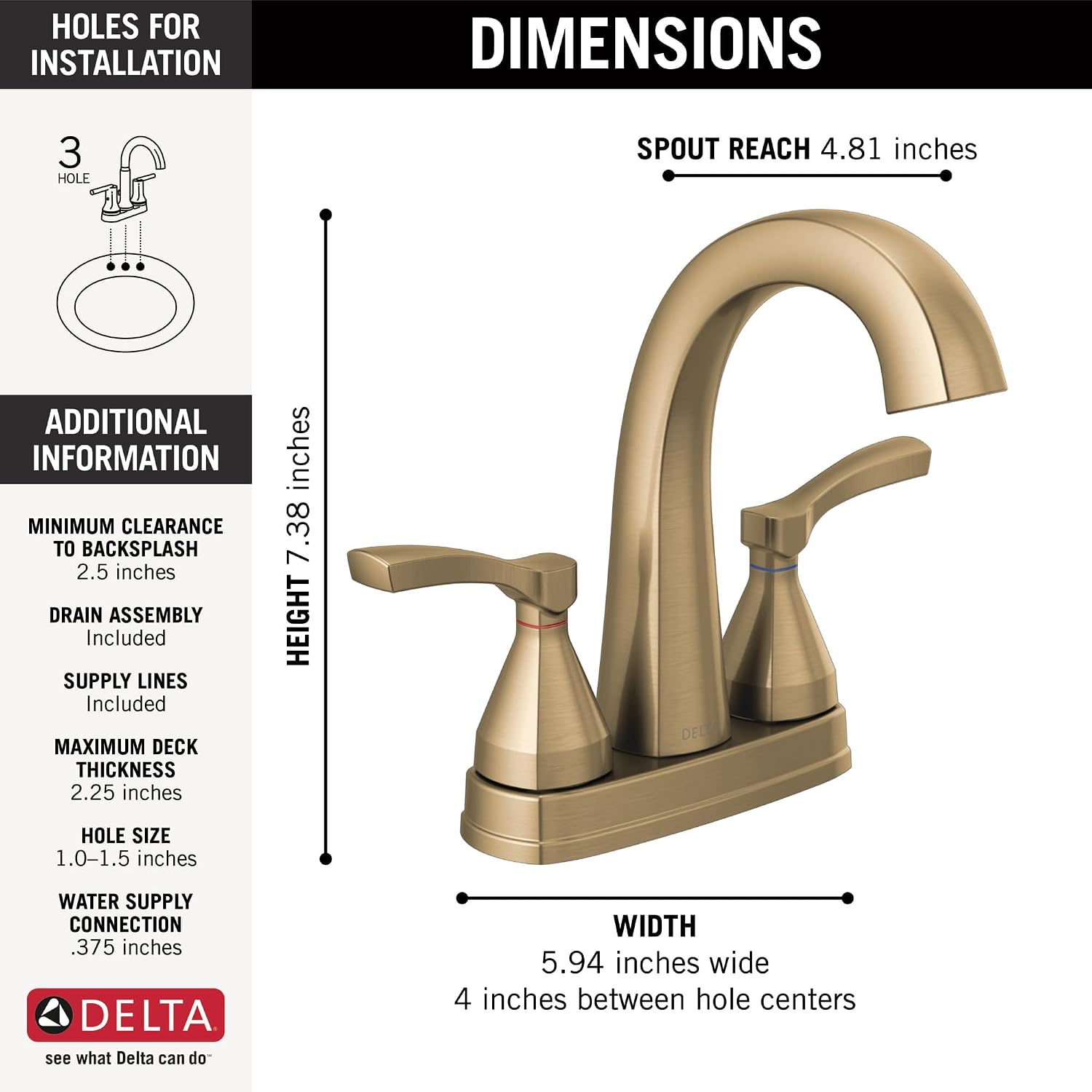 Delta Faucet Stryke Centerset Bathroom Faucet, Gold Centerset Bathroom Faucet, Delta Bathroom Sink Faucet, Metal Drain Assembly, Lumicoat Champagne Bronze 25775-CZ-PR-MPU-DST