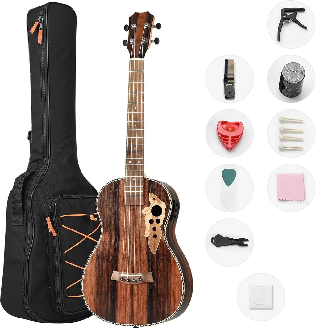 Adult Ukulele 30' All Black Wood Bass Acoustic Electric Guitar Left Hand Ukulele With Truss And EQ With Gig Bag Strap Nylon Strings(Left hand)