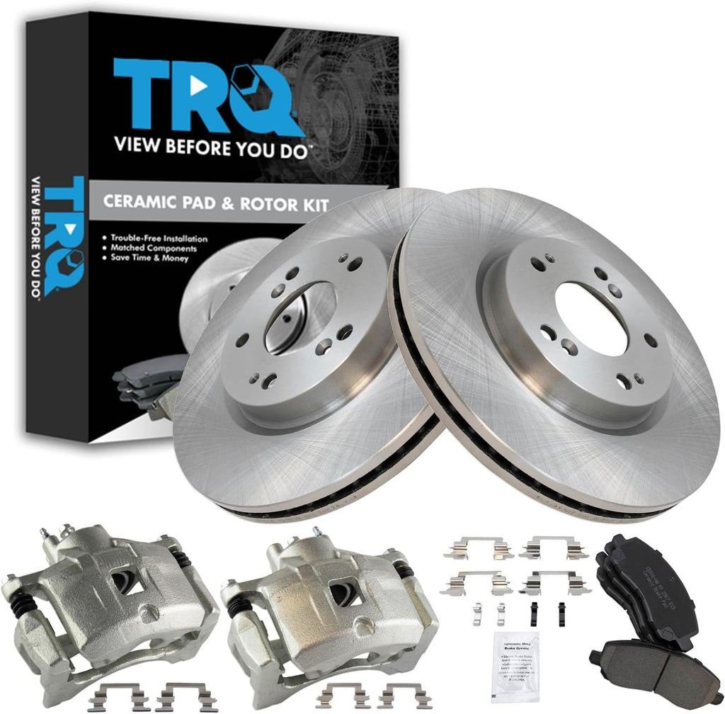 TRQ Front Brake Pad and Rotor Set Ceramic Vented Rotors Calipers Compatible with 2011-2014 Chrysler 200 2008-2014 Dodge Avenger Caliber 2007-2017 Jeep Compass Patriot