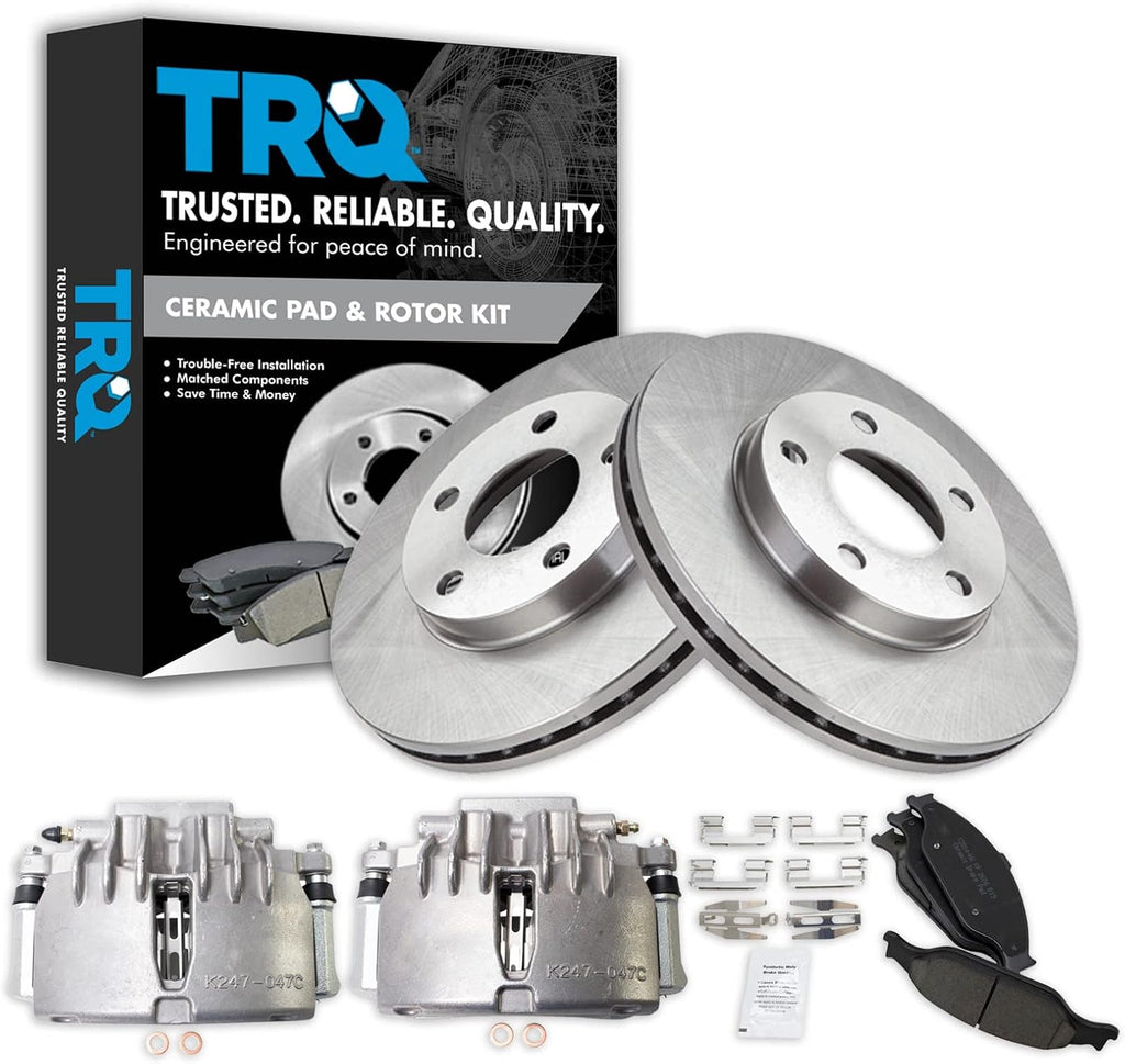 TRQ Front Brake Pad and Rotor Set Ceramic Vented Rotors Calipers Compatible with 2003-2004 Ford Mustang