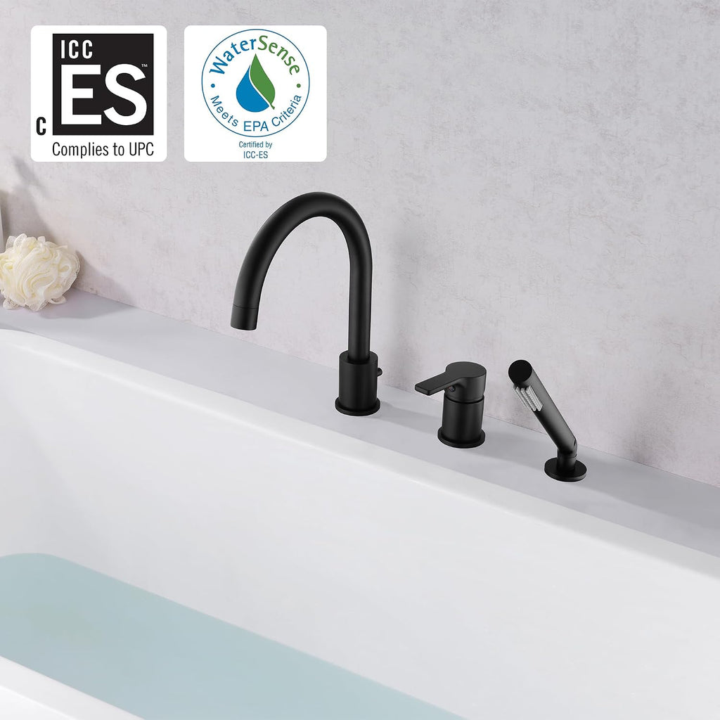 SUMERAIN Matte Black Roman Tub Faucet 3 Holes Deck Mount Bathtub Faucet with Handheld Shower Sprayer