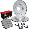 R1 Concepts Front Brake Kit Fits 2018-2020 Nissan Kicks; 2020-2025 Nissan Versa; 2021-2024 Nissan Kicks Rear Drum S| Optimum Oep Pads, Drilled Slotted Rotors| Hardware| 10.2' Front