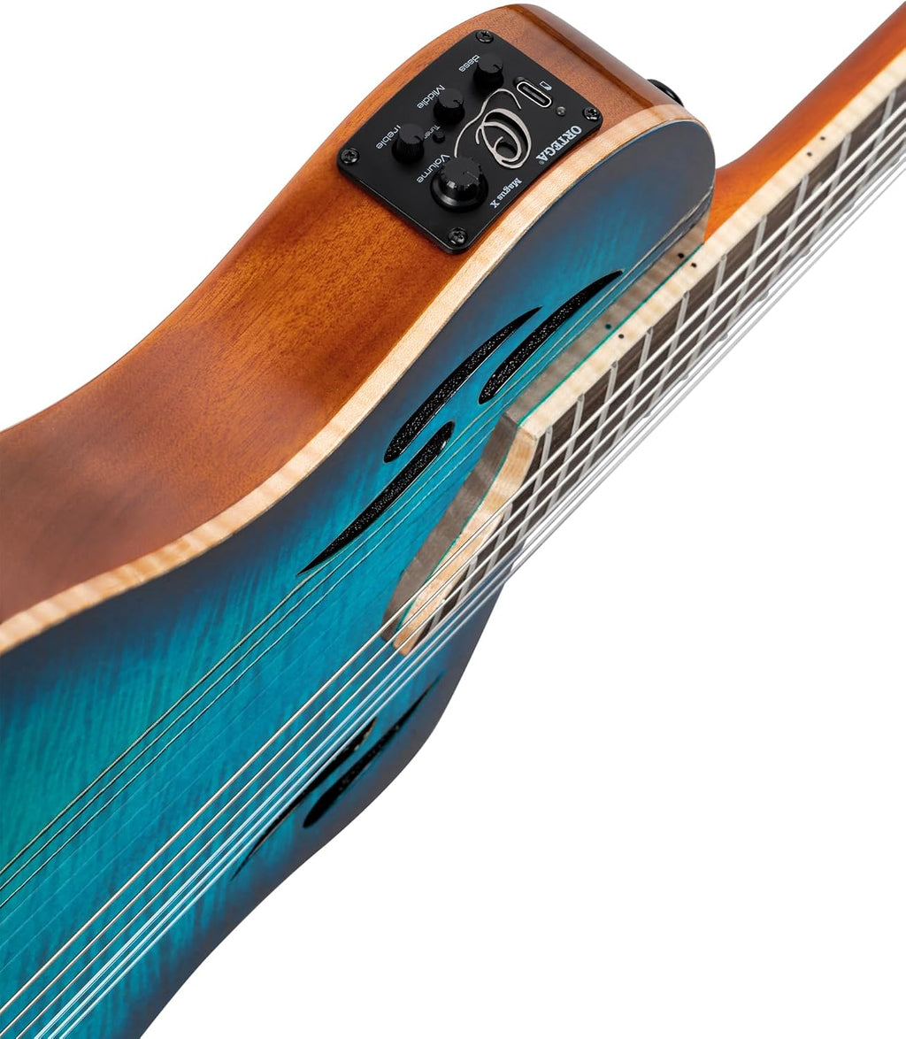 Ortega TourPlayer Deluxe Thinline Crossover Nylon-String Electric Guitar w/Pro gig bag, Flamed Maple Gloss Blue (RTPDLX-FMA)