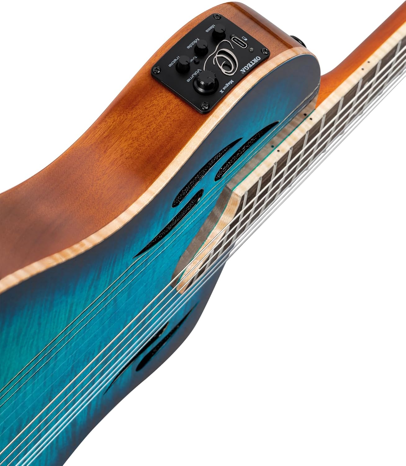 Ortega TourPlayer Deluxe Thinline Crossover Nylon-String Electric Guitar w/Pro gig bag, Flamed Maple Gloss Blue (RTPDLX-FMA)
