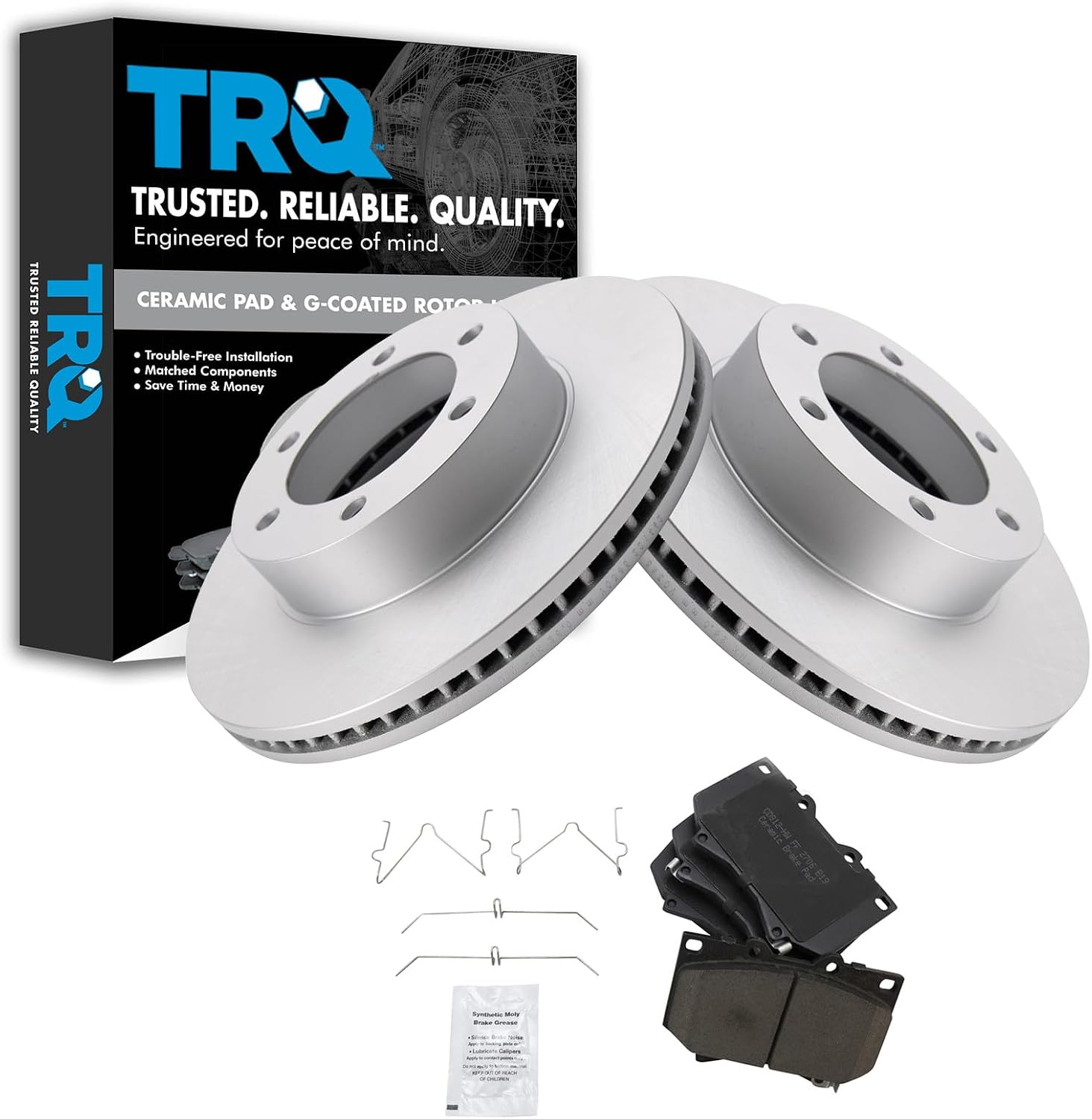 TRQ Front Brake Pad and Rotor Set Ceramic G Coated Vented Rotors Compatible with 2001-2003 Toyota Sequoia 2000-2003 Tundra