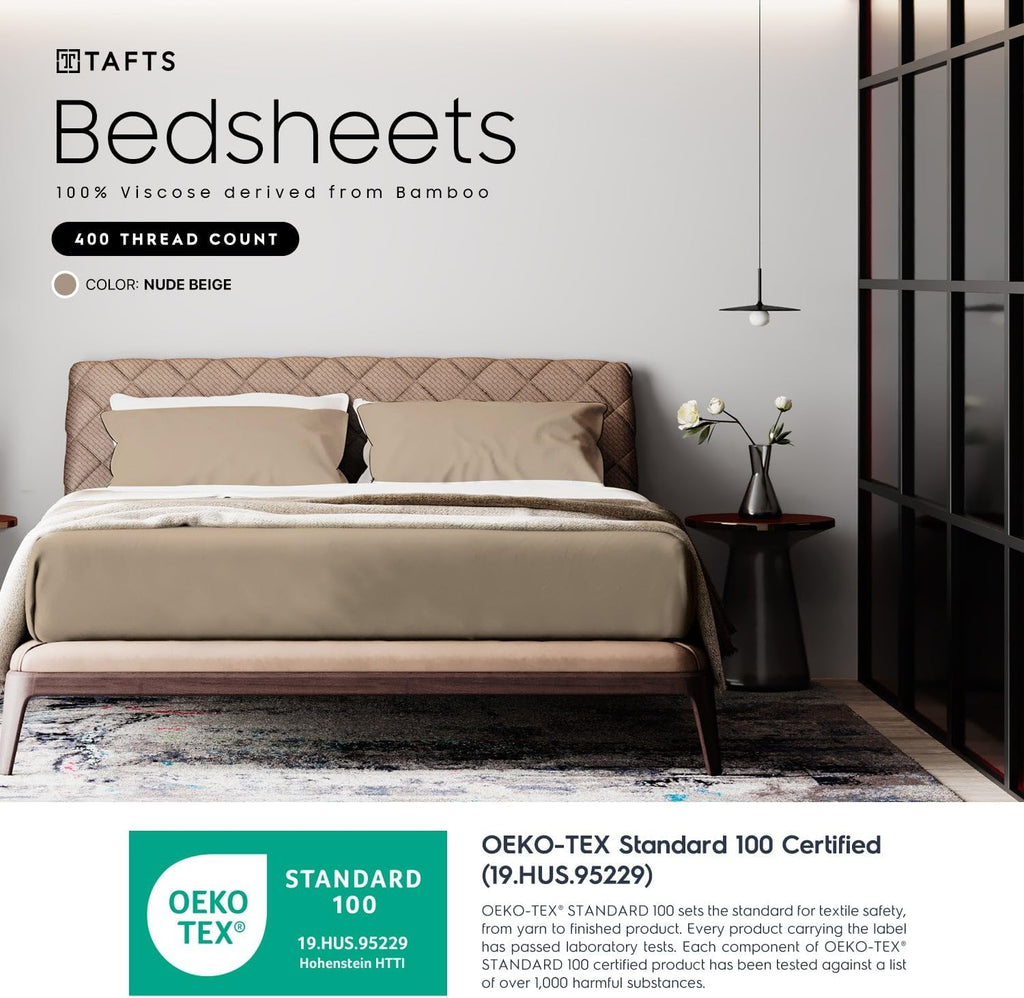 Tafts Cali-King Sheets Set, Pure 100% Viscose derived from Bamboo Bed Sheets Set, Luxuriously Soft, Silky, Cooling Sheets, Double Stitched, Lifetime Quality Promise (Beige)