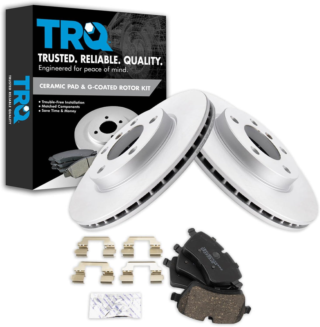 TRQ Front Brake Pad and Rotor Set Ceramic Vented G Coated Rotors Compatible with 2011-2016 Mini Cooper Countryman 2013-2016 Cooper Paceman