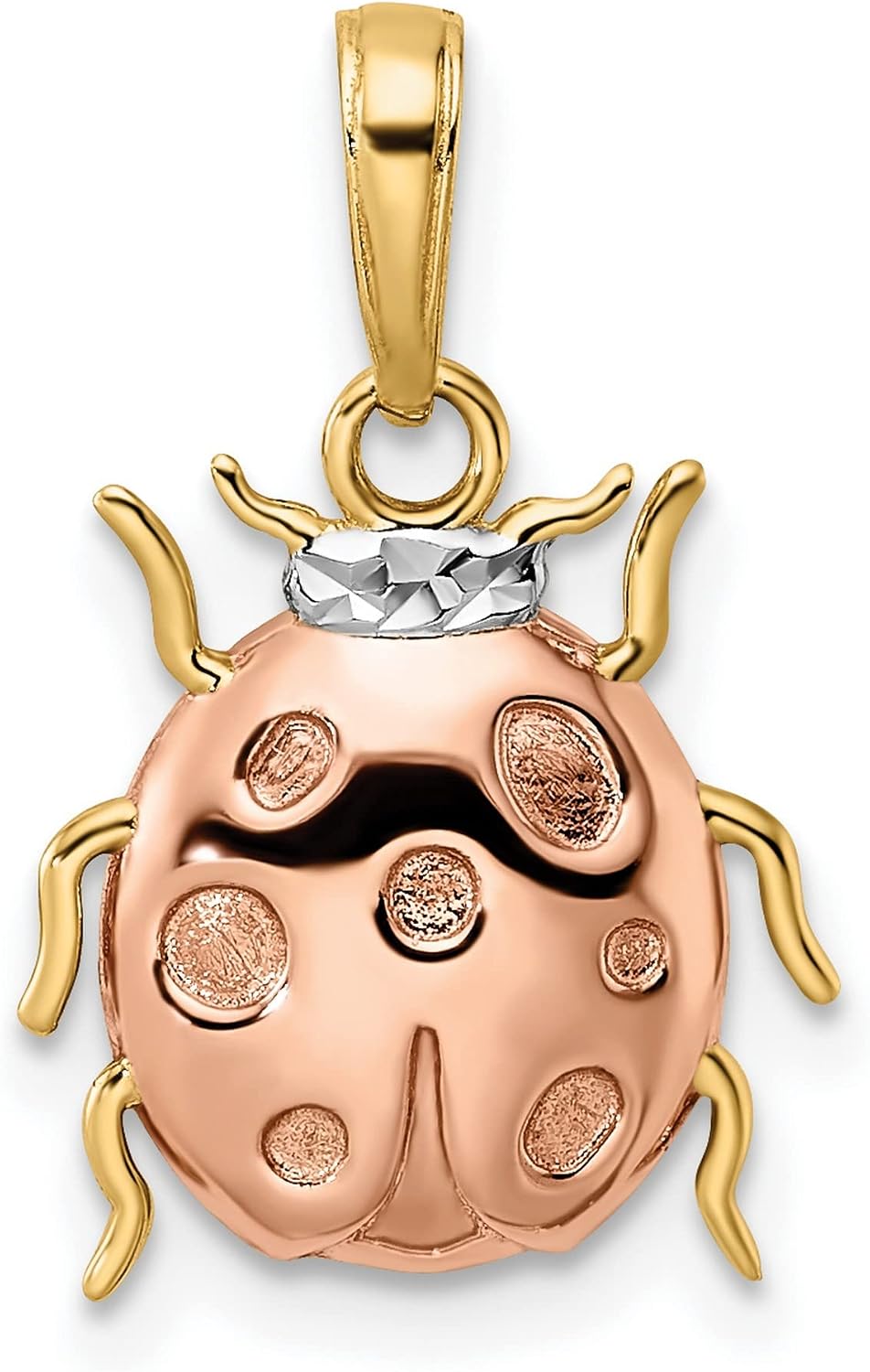 14k Yellow Gold Ladybug Pendant Charm with Rhodium and Rose Tone Accents | 15 x 13 mm charm, 19 mm length with bail, white rhodium and rose tone accents, polished diamond-cut details, solid 14k gold