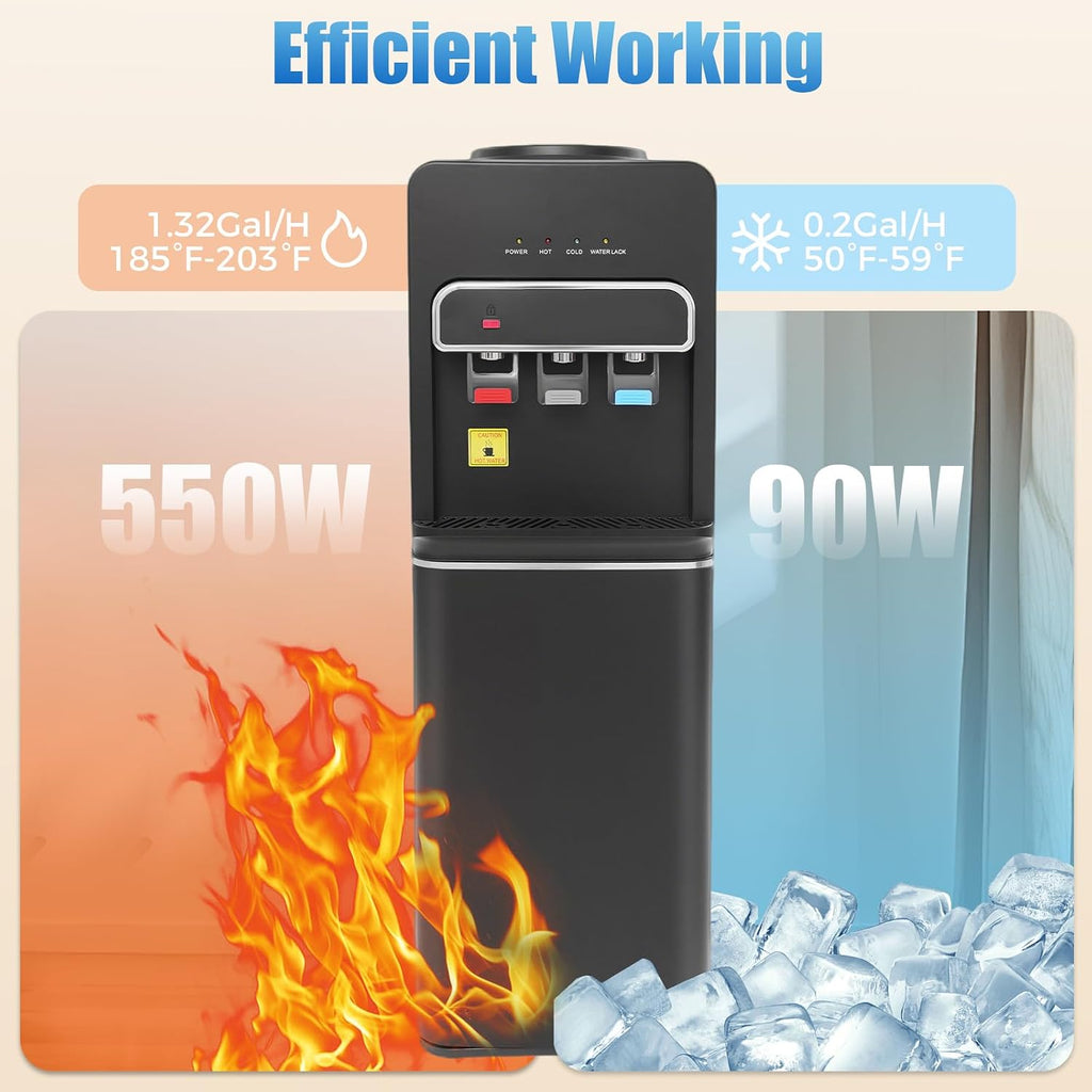 Bottom Loading Water Cooler Dispenser 3 Temperature Settings Hot, Cold & Room Water, Water Dispenser for 3 or 5 Gallon Bottles Heating Capacity 1.32Gal/H, Cooling 0.53Gal/H (Black 550W)