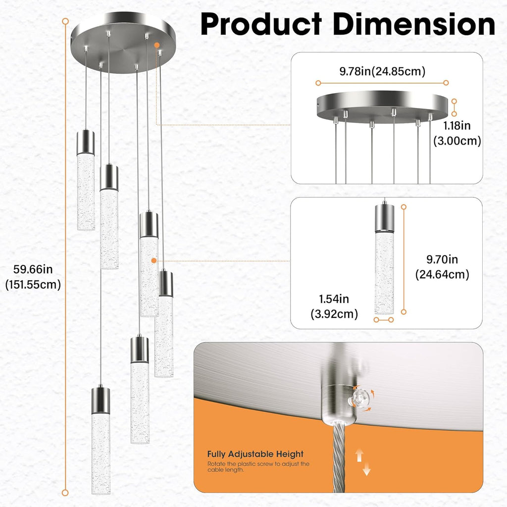 Pendant Lights Kitchen Island, 3000K-6500K Modern Kitchen Island Lights, Ceiling Lighting Fixtures with Crystal Bubble, 3 Color Integrated LED Hanging Light Brushed Nickel 1 Pack(6-Light)