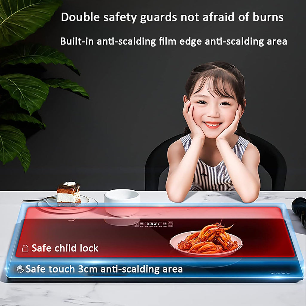 Plate Warmer Electric Hot Plate Warming Tray Rectangle Electric Food Warmer Tempered Glass Surface with 16 Functions Keeps Food Hot AdjusTemperature Control