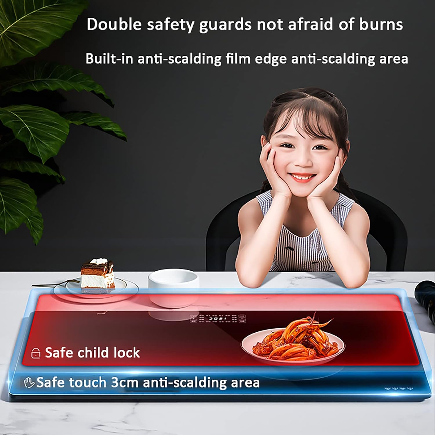 Plate Warmer Electric Hot Plate Warming Tray Rectangle Electric Food Warmer Tempered Glass Surface with 16 Functions Keeps Food Hot AdjusTemperature Control