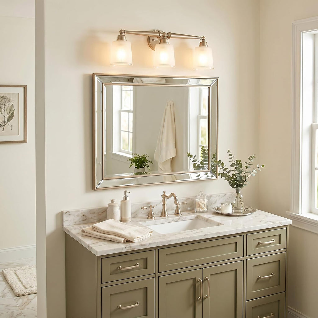 Quoizel Cecilia Bath Vanity Lights, 24 Inch 3-Light Bronze Gold Bathroom Lighting Fixtures Over Mirror, Sandblasted Ribbed Glass Shades, Wall Mount Light for Bathrooms