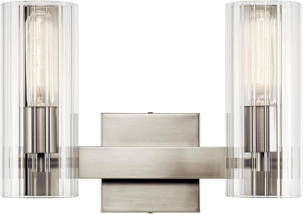 Kichler Jemsa 2-Light Bathroom Vanity Light Fixture with Clear Fluted Glass in Brushed Nickel for Modern Bathroom or Powder Room Over Mirror (9.75' x 13.75'), 55167NI