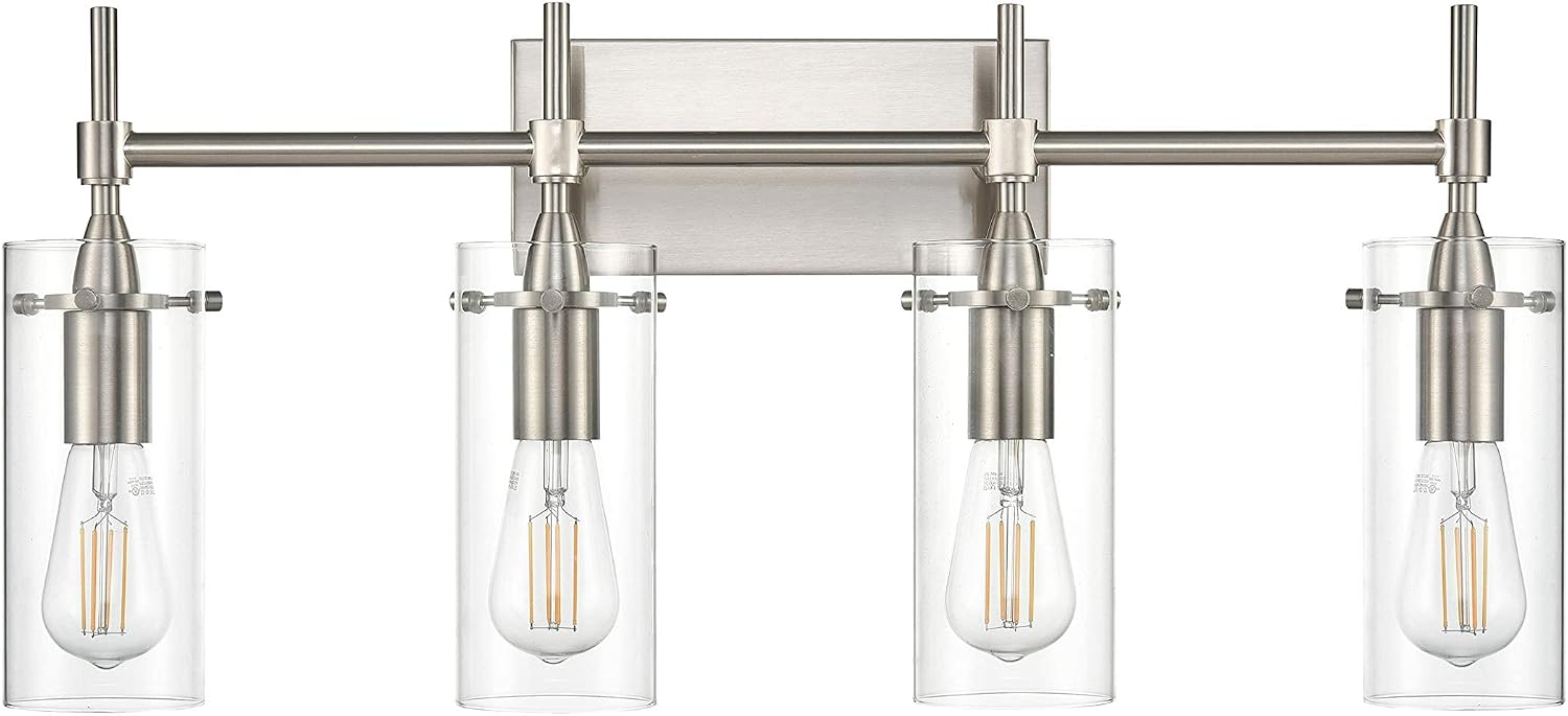 Linea di Liara Effimero Modern Farmhouse Bathroom Vanity Lights Fixtures 4 Lights Over Mirror Brushed Nickel Vanity Lights For Bathroom Light Fixtures Industrial Lighting Clear Glass Covers, UL Listed