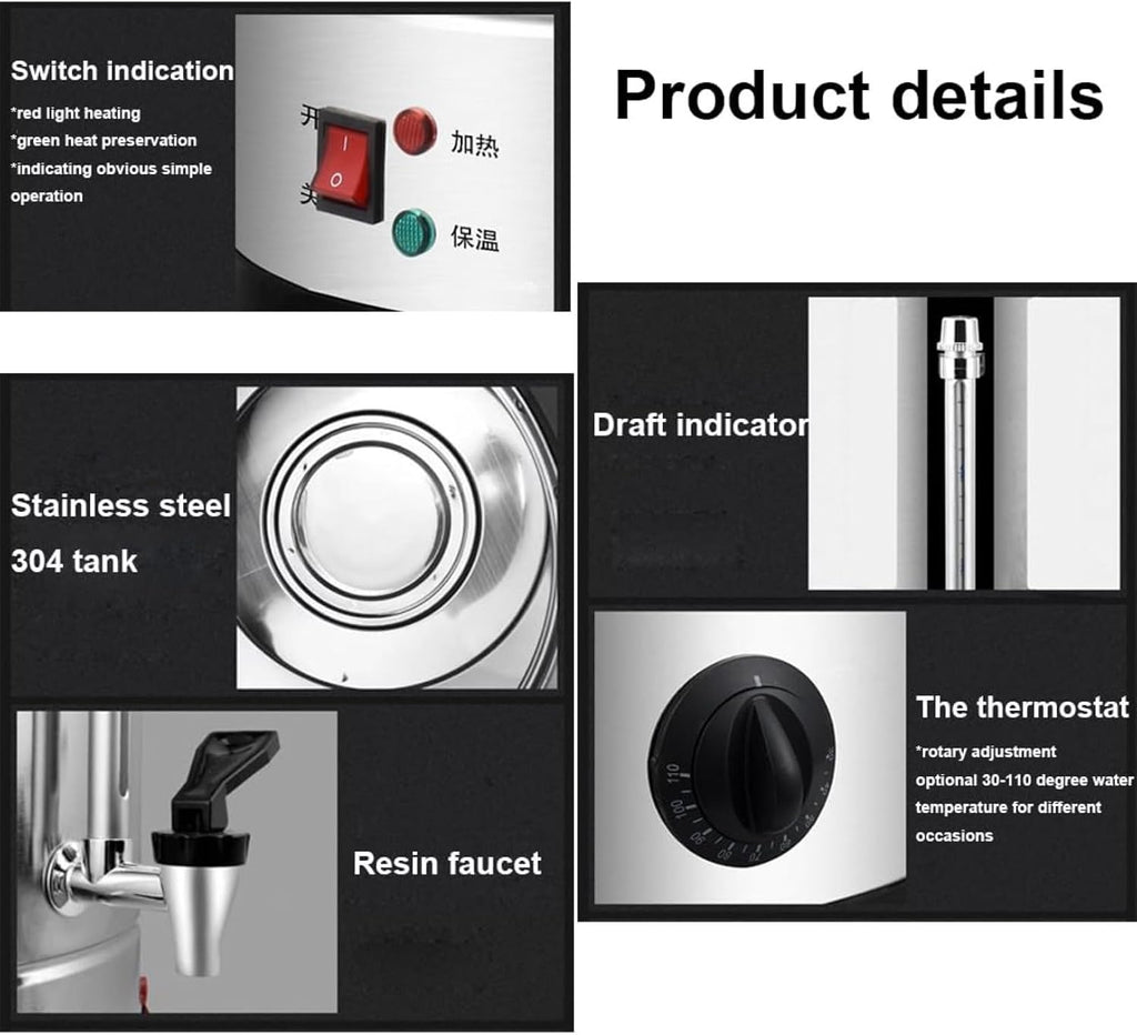 Electric Stainless Steel Catering Hot Water Boiler Tea Urn Commercial 30-110°C Temperature Control Knob With Cover And Spigot For Home Party, Office, Hotel(15L)