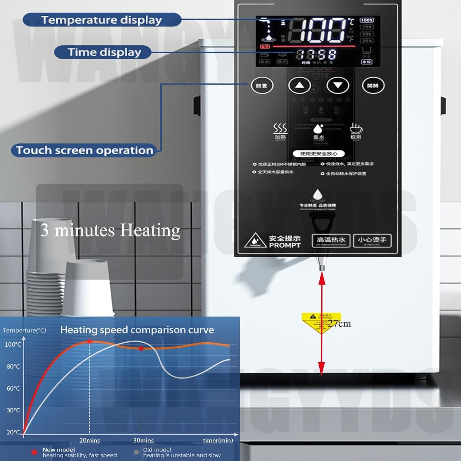 Water Warmer Commercial Water Boiler 50/60/80L(13/16/21gal)/Hour Step-Heating Automatic Electric Hot Water Dispensers Countertop Adjustable Temperature Quick Heating Touchscreen,White-60L