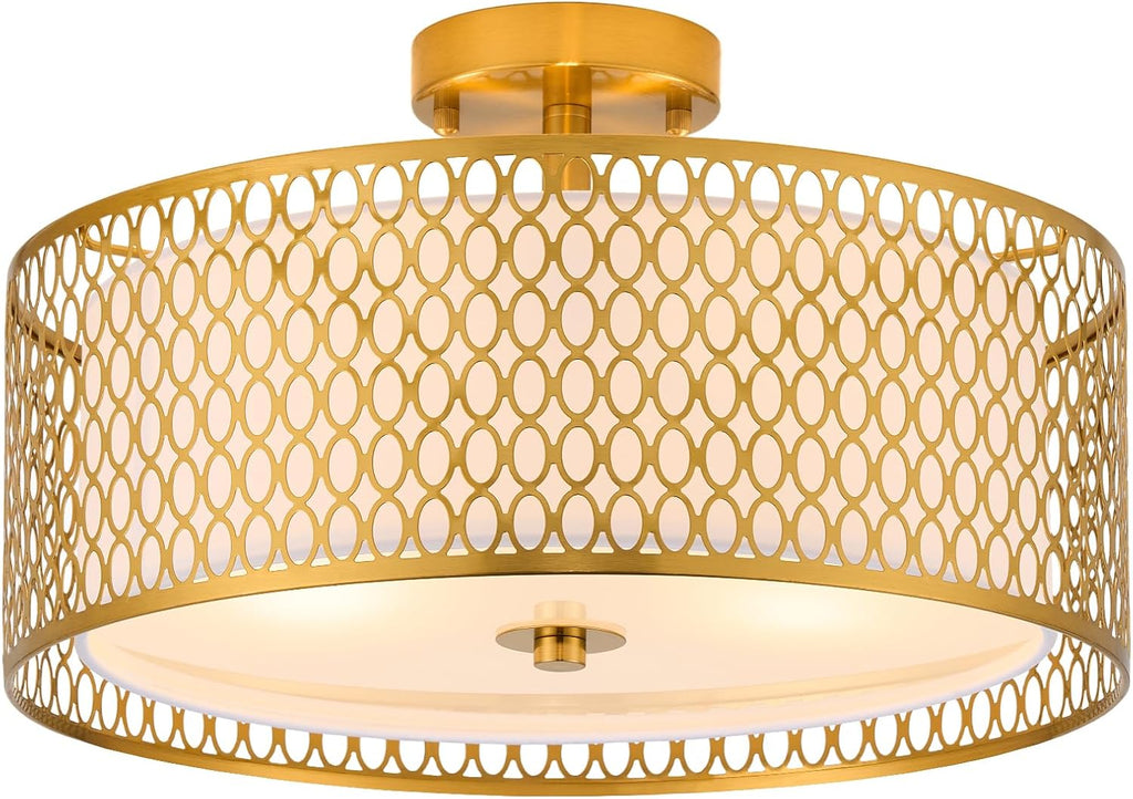 17' Semi Flush Mount Ceiling Light Fixture, 3-Light Gold Light Fixture, Close to Ceiling Light Fixture with White Fabric Lampshade and Gloden Iron Mesh Cage for Dining Room Living Room Bedroom