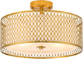 17' Semi Flush Mount Ceiling Light Fixture, 3-Light Gold Light Fixture, Close to Ceiling Light Fixture with White Fabric Lampshade and Gloden Iron Mesh Cage for Dining Room Living Room Bedroom