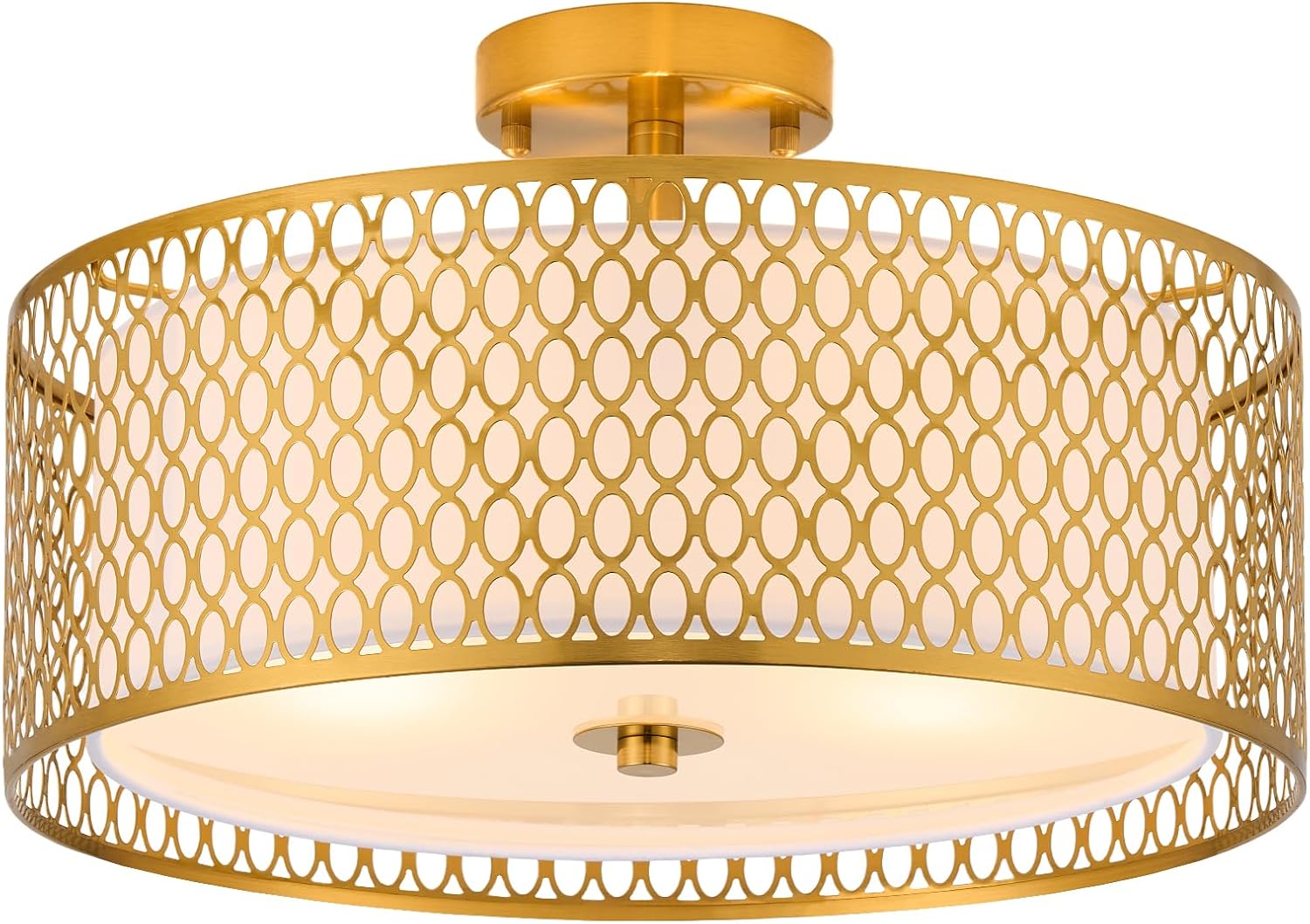 17' Semi Flush Mount Ceiling Light Fixture, 3-Light Gold Light Fixture, Close to Ceiling Light Fixture with White Fabric Lampshade and Gloden Iron Mesh Cage for Dining Room Living Room Bedroom