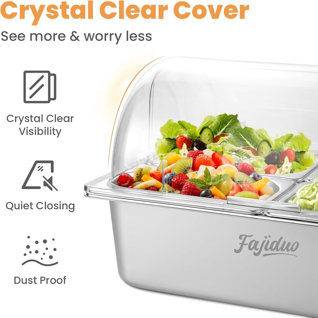 Countertop Ice Food Serving Display Container, Spice Display Salad Dressing Cooler, Stainless Steel Food Serving Tray Buffet Condiment Dispenser with Clear Roll Top Cover, Clamps, Spoons, Ice Packs