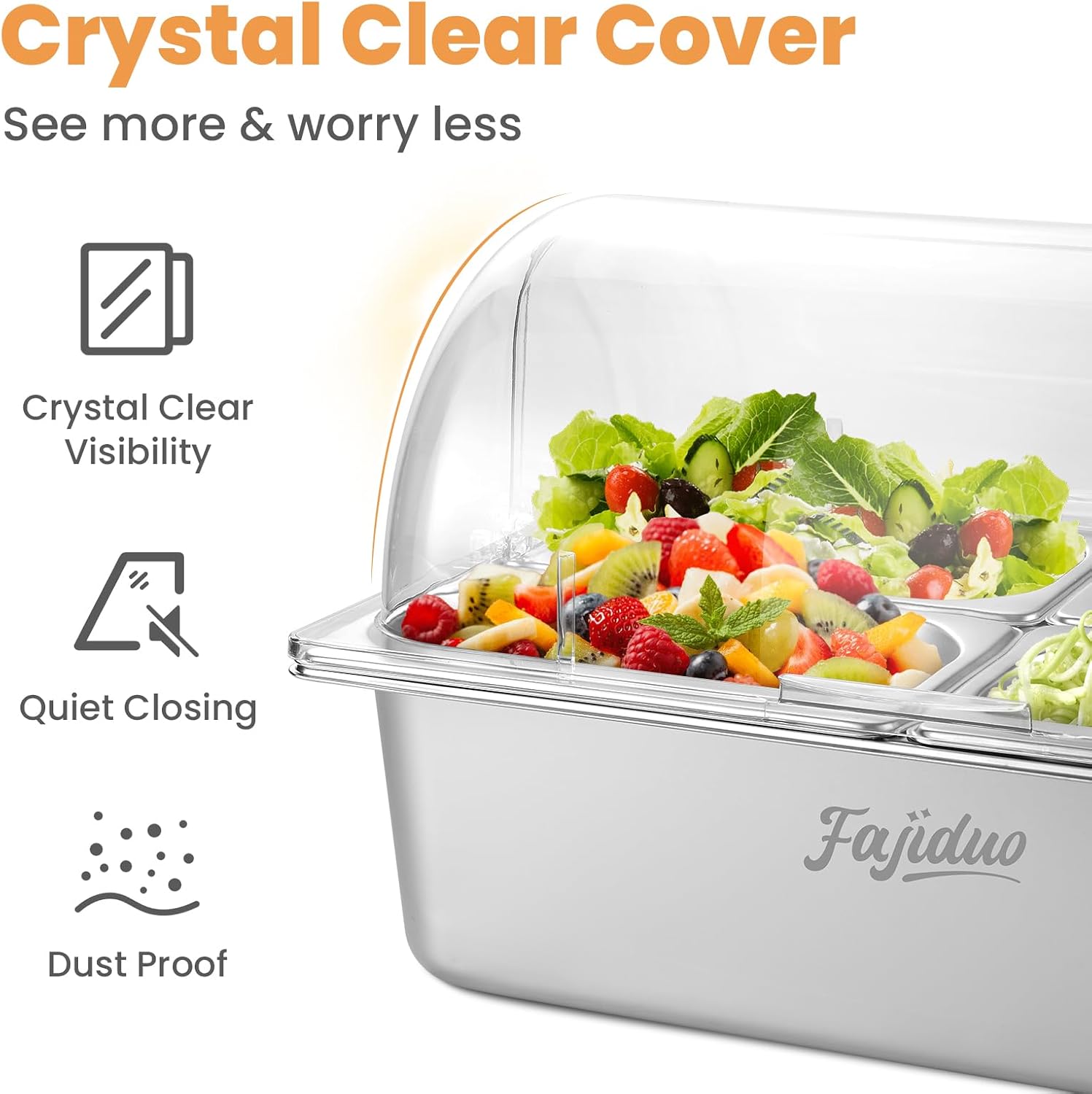 Countertop Ice Food Serving Display Container, Spice Display Salad Dressing Cooler, Stainless Steel Food Serving Tray Buffet Condiment Dispenser with Clear Roll Top Cover, Clamps, Spoons, Ice Packs