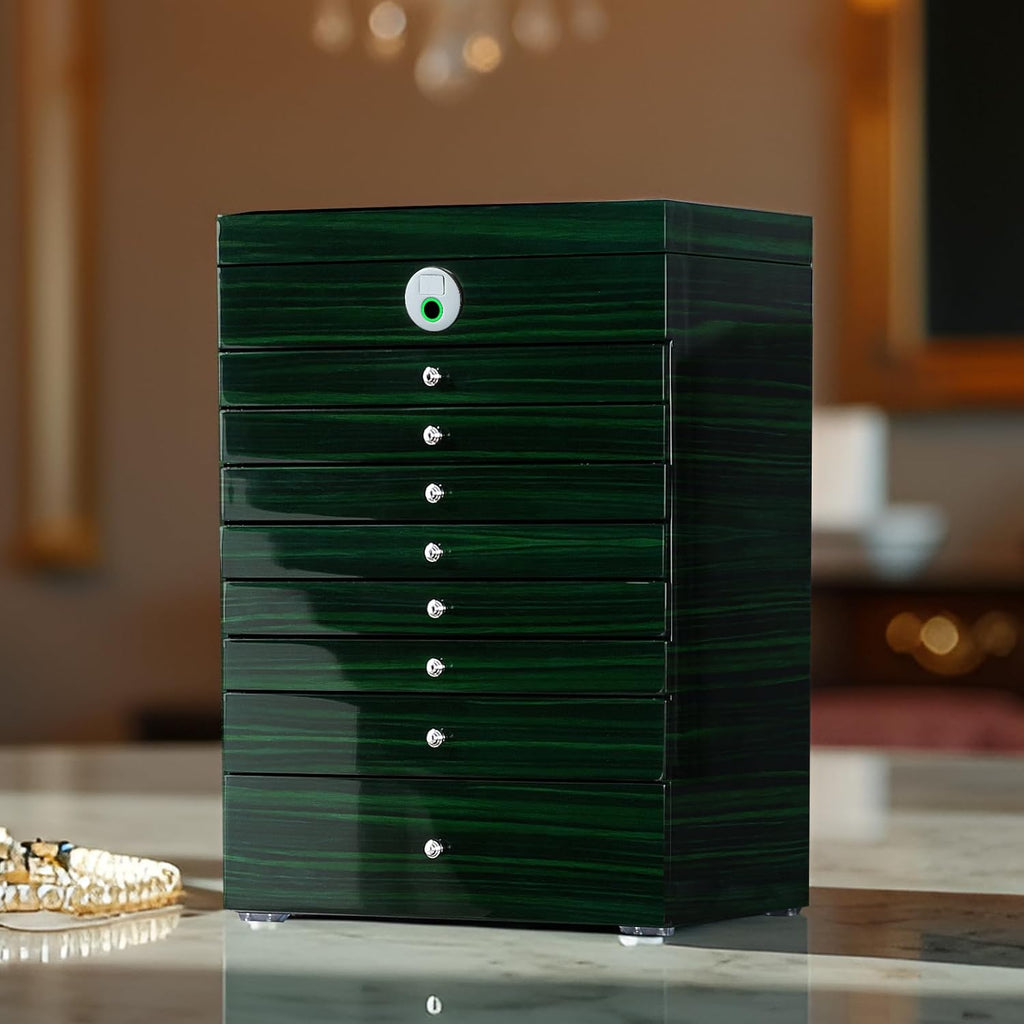 Wooden Jewelry Box Fingerprint Lockable 9-Layers Extra Large Capacity Jewelry Cabinet for Necklace/Rings/Pendants/Bracelets/Watches/Sunglasses Storage&Organizer Women Gifts (Greenwood)