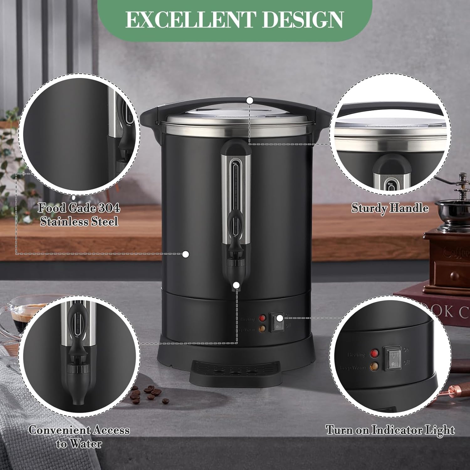 100-Cup Commercial Coffee & Hot Water Urn | 12l Large Capacity Stainless Steel Electric Beverage Dispenser with Double Wall Insulation | Professional Hot Beverage Maker for Catering, Weddings,
