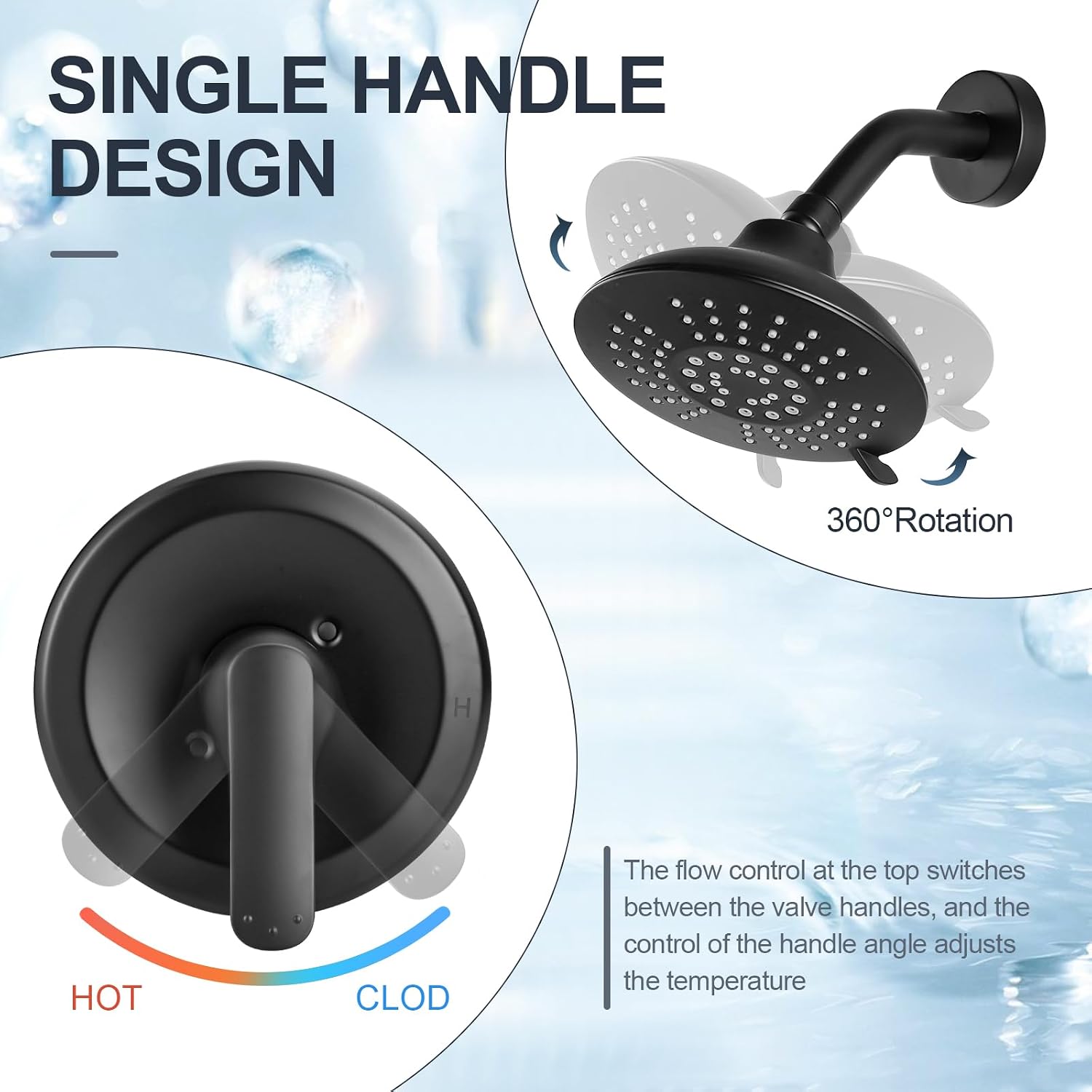 Shower Faucet with Valve, Black Bathroom Tub Shower Faucet Kit, Single Handle Rain Shower Head with Tub Spout, Solid Brass Shower Tub Faucet Set Complete, Bathtub Faucet with Shower