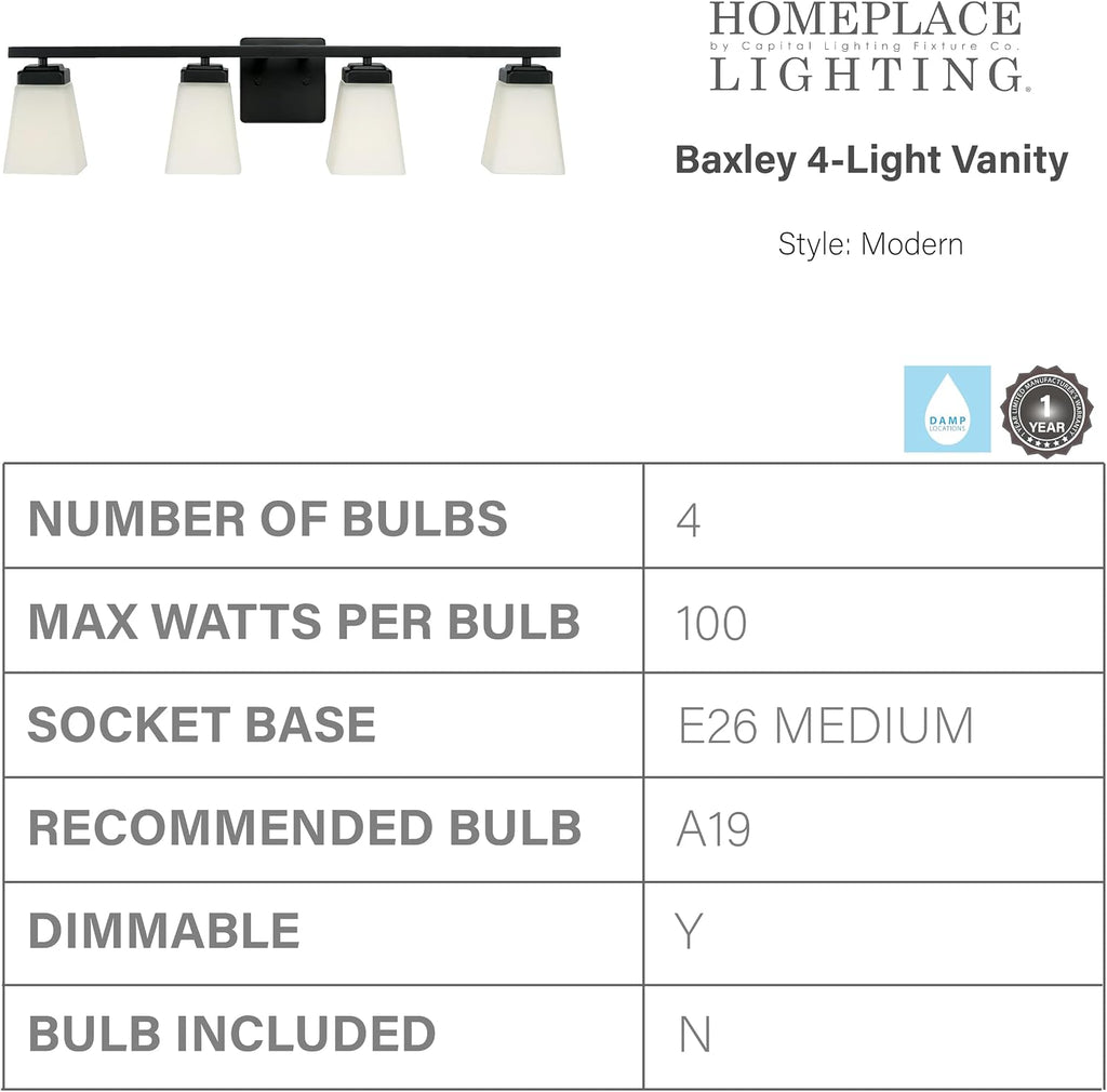 HomePlace Lighting 114441MB-334 Baxley Modern Soft White Glass Bathroom Vanity Wall Light, 4-Light 400 Total Watts, 7' H x 31' W, Matte Black