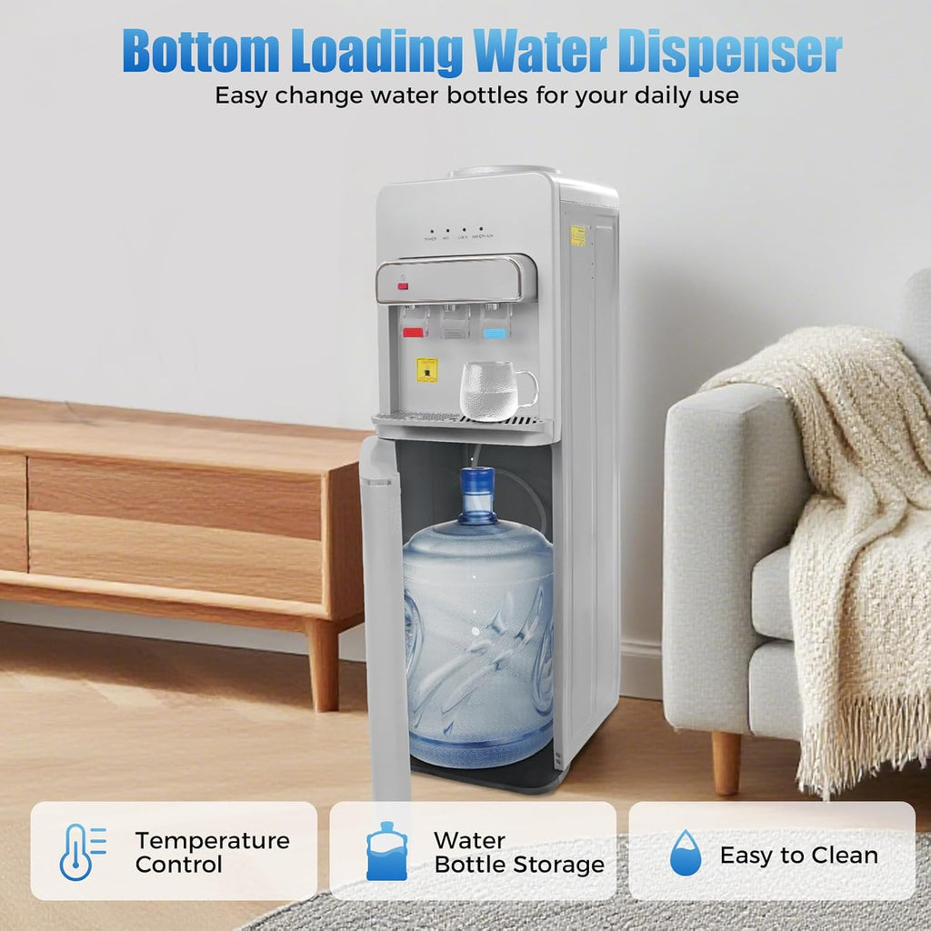 Bottom Loading Water Cooler Dispenser for 3 or 5 Gal Bottles Hot, Cold & Room Water 3 Temperature Settings Water Dispenser with Child Lock Cooling 50°F-59°F for Home Use(Silver 2)