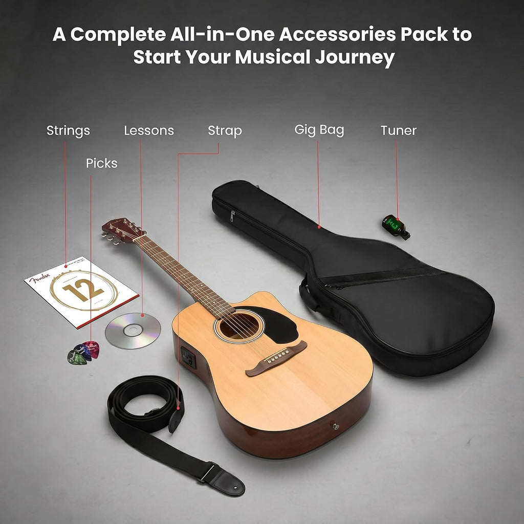 Fender FA-125CE Dreadnought Cutaway Acoustic-Electric Guitar - Natural Bundle with Gig Bag, Tuner, Strap, Strings, Picks, and Austin Bazaar Instructional DVD