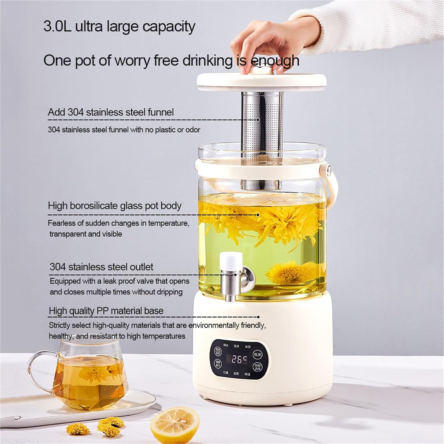 3L Glass Electric Kettle With Touchscreen,Health Pot With Strainer,Adjustable 40–90°C Temperature, 24-Hour Heat Retention, High Borosilicate Glass Body With Detachable Tea Infuser For Brewing