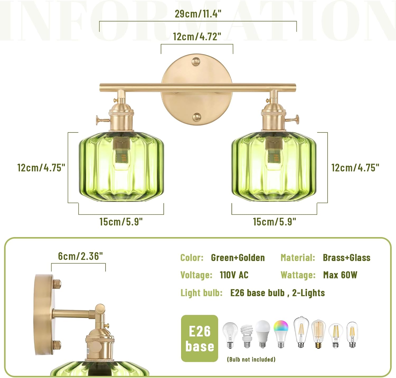 Bathroom Vanity Lighting Mid Century Wall Sconce 2-Light Farmhouse Gold Brass Brushed Bathroom Wall Light Fixtures with Green Striped Hand Blown Glass Shade for Bedroom Living Room