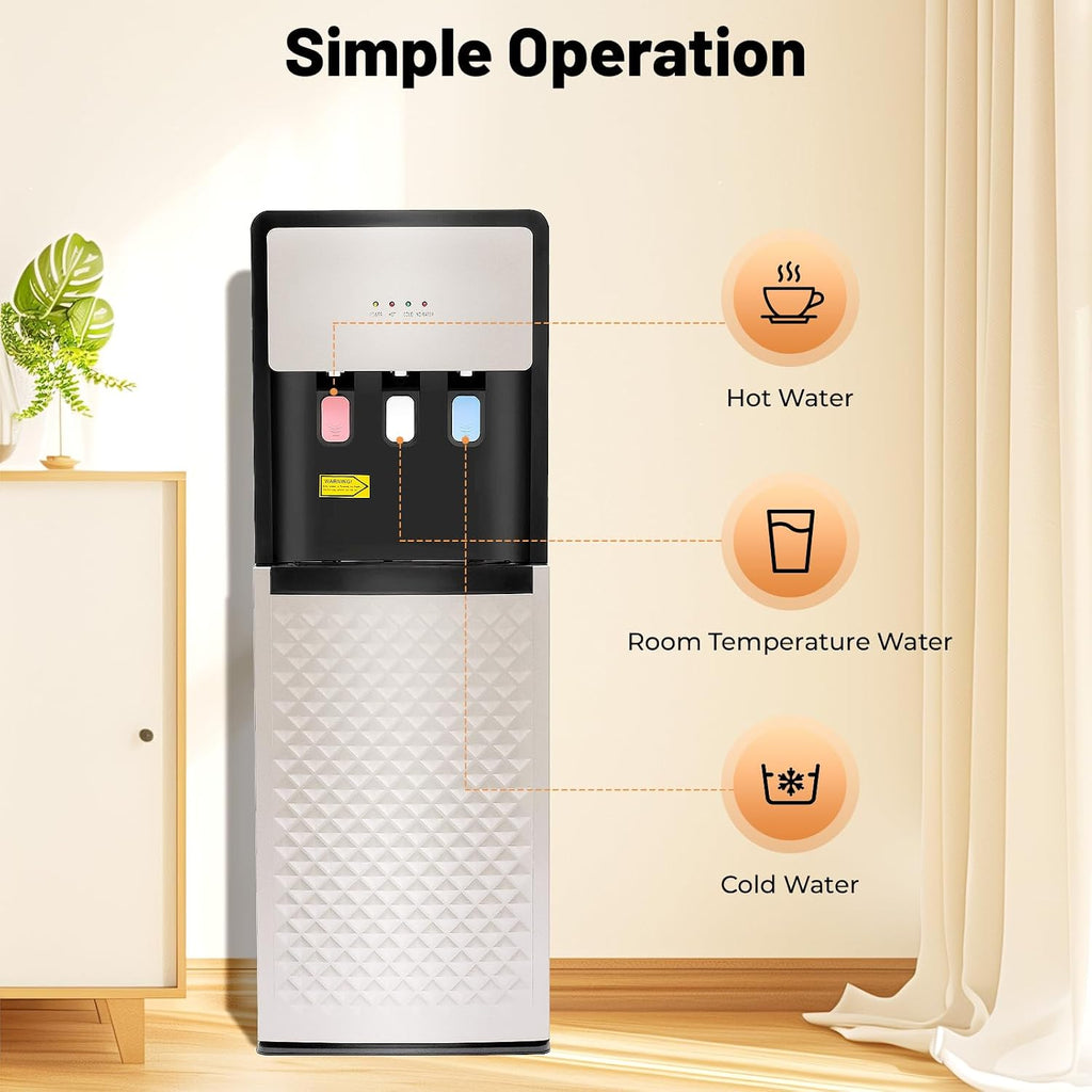 Bottom Loading Water Cooler Dispenser for 5 Gallon Bottle, 3 Temperature Settings-Hot, Cold, Room Water, Hot and Cold Water Dispenser for Home, Office, Living Room, Anti-Rust Coating (Silver Grey)
