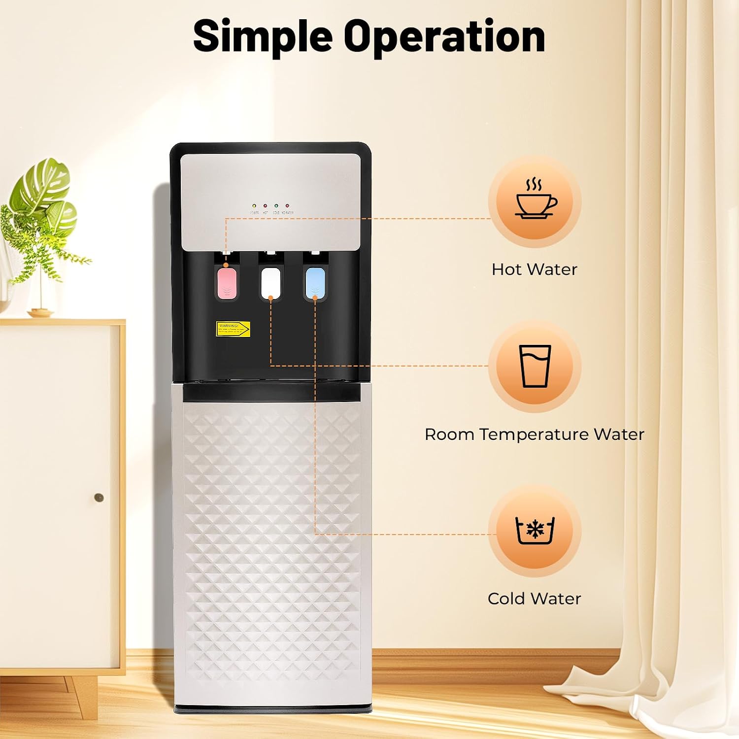 Bottom Loading Water Cooler Dispenser for 5 Gallon Bottle, 3 Temperature Settings-Hot, Cold, Room Water, Hot and Cold Water Dispenser for Home, Office, Living Room, Anti-Rust Coating (Silver Grey)