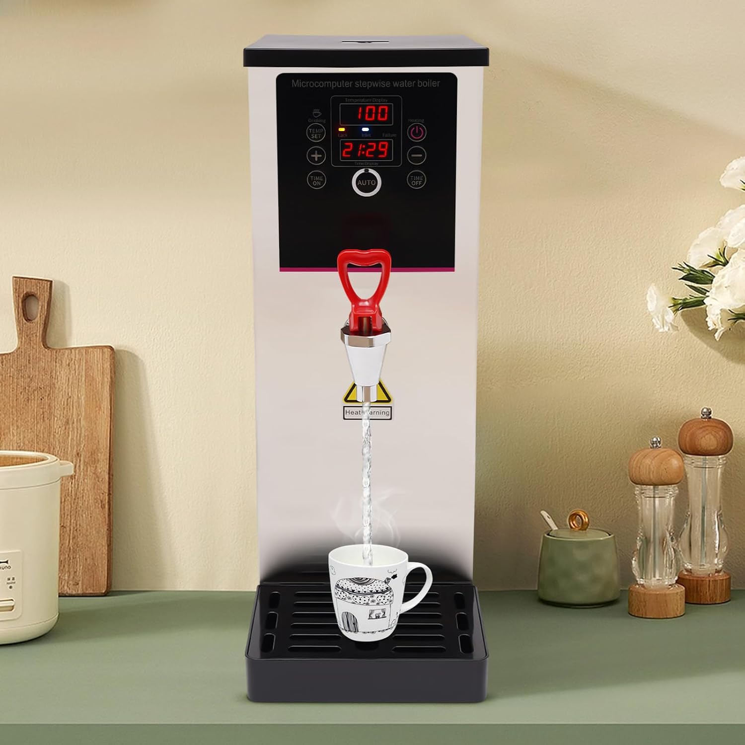 Step-Heating Commercial Hot Water Dispenser Countertop 2500W Fast Ready Water Boiler Machine Automatic 10L Water Boiler for Restaurant, Home, Office(10L,Silver)